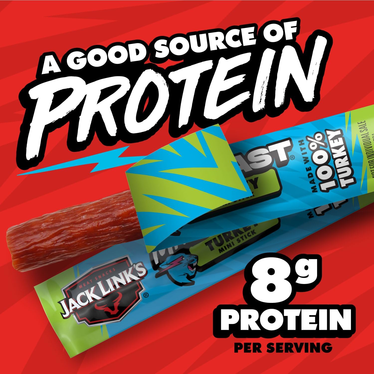 Jack Link's x MrBeast Turkey Mini Sticks, come visto sui giochi Beast, 8 g di proteine, realizzati con tacchino naturale al 100%, zero zucchero, snack pronti per la dispensa, 12 pezzi