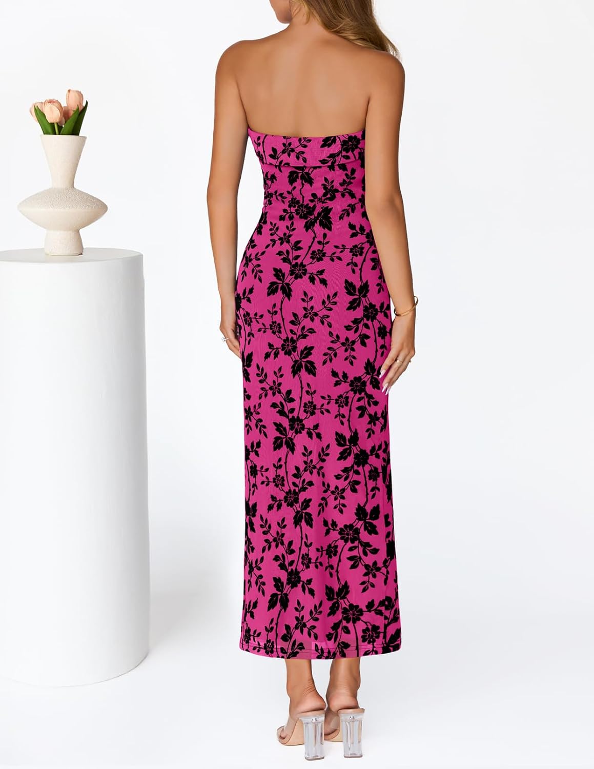 MEROKEETY Women's 2026 Summer Floral Strapless Dress Bodycon Tube Slit Mesh Wedding Guest Cocktail Party Maxi Dresses - Image 5