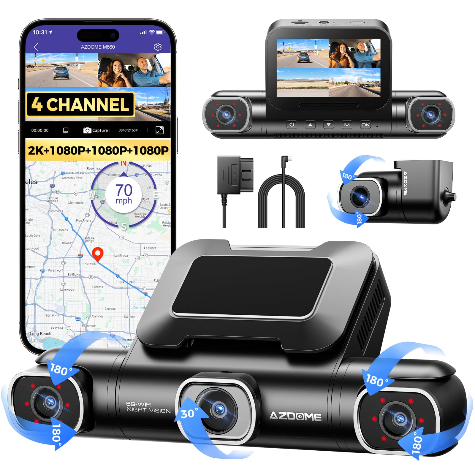 Amazon.com: AZDOME M660 4CH Dash Cam with OBD Hardwire Kit for 24