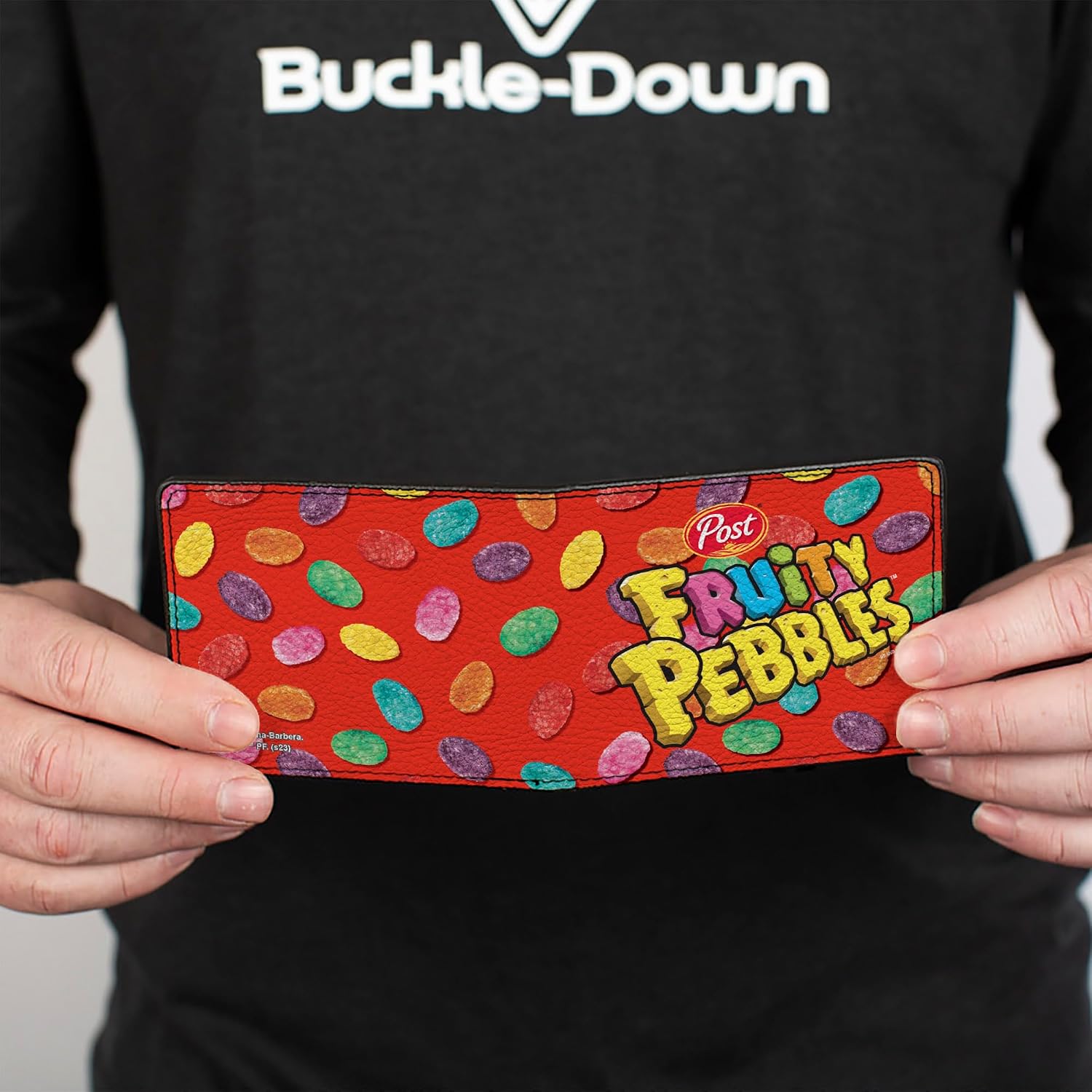 Buckle-Down The Flintstones Wallet, Bifold, Post Fruity Pebbles Logo and Cereal Scattered Red Multi Color, Vegan Leather
