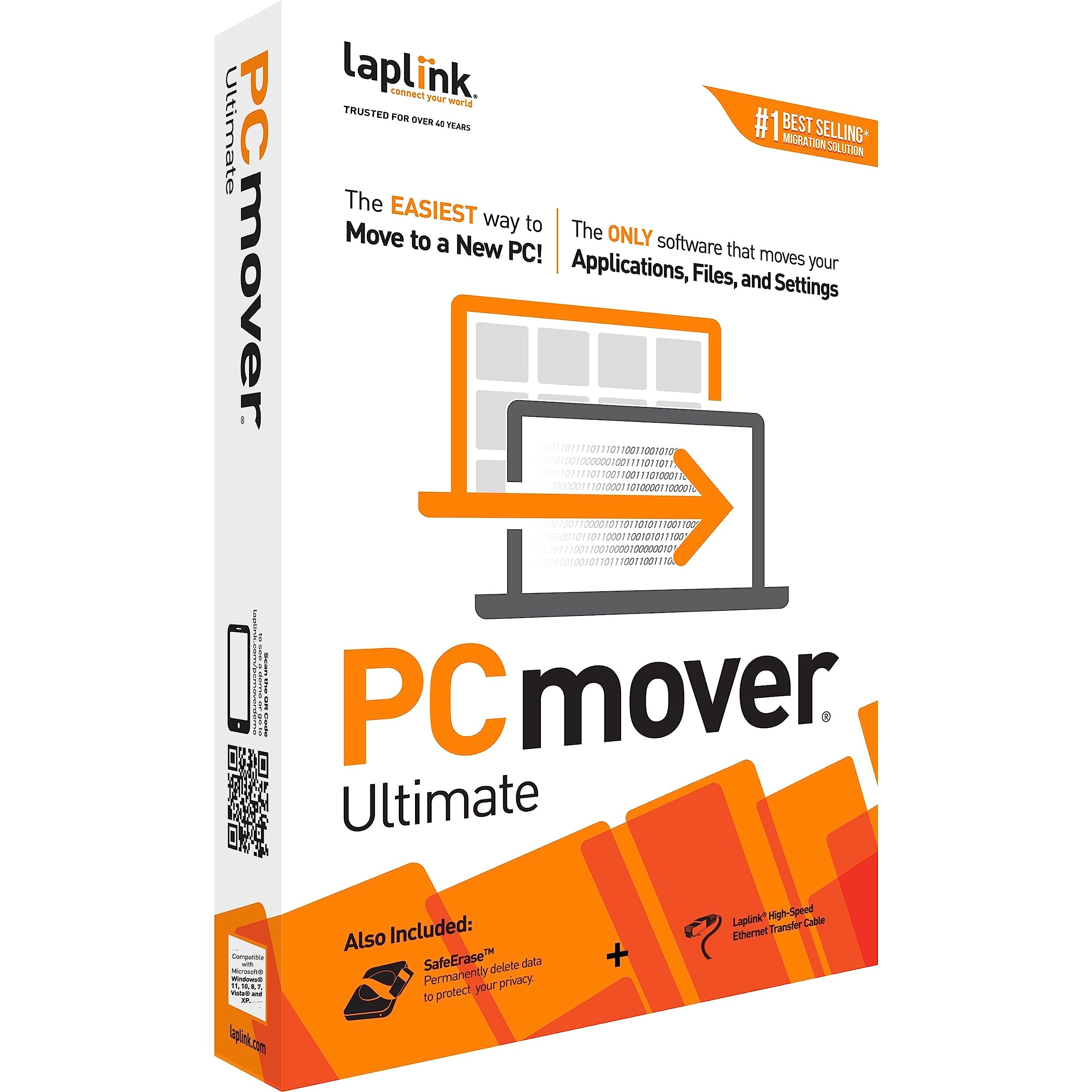 Laplink Software PCmover Ultimate 11 | Moves Your Applications, Files and Settings from an Old PC To a New PC. | Includes Ethernet Cable | 1 Use