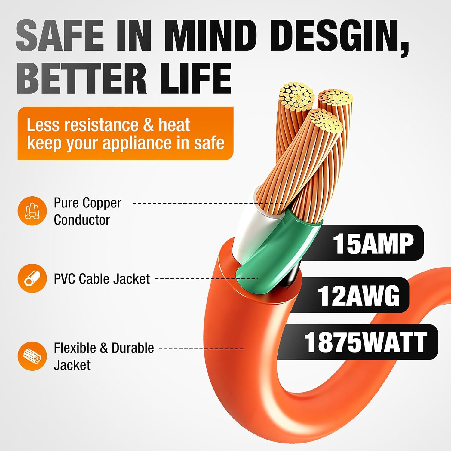 Outdoor Extension Cord 50 FT Waterproof, 12/3 Gauge Heavy Duty 3 Prong Power Cord with Lighted Indicator End,15A 125V 1875W SJTW, ETL Listed, Great for Lawn/Garden/Home(Orange)