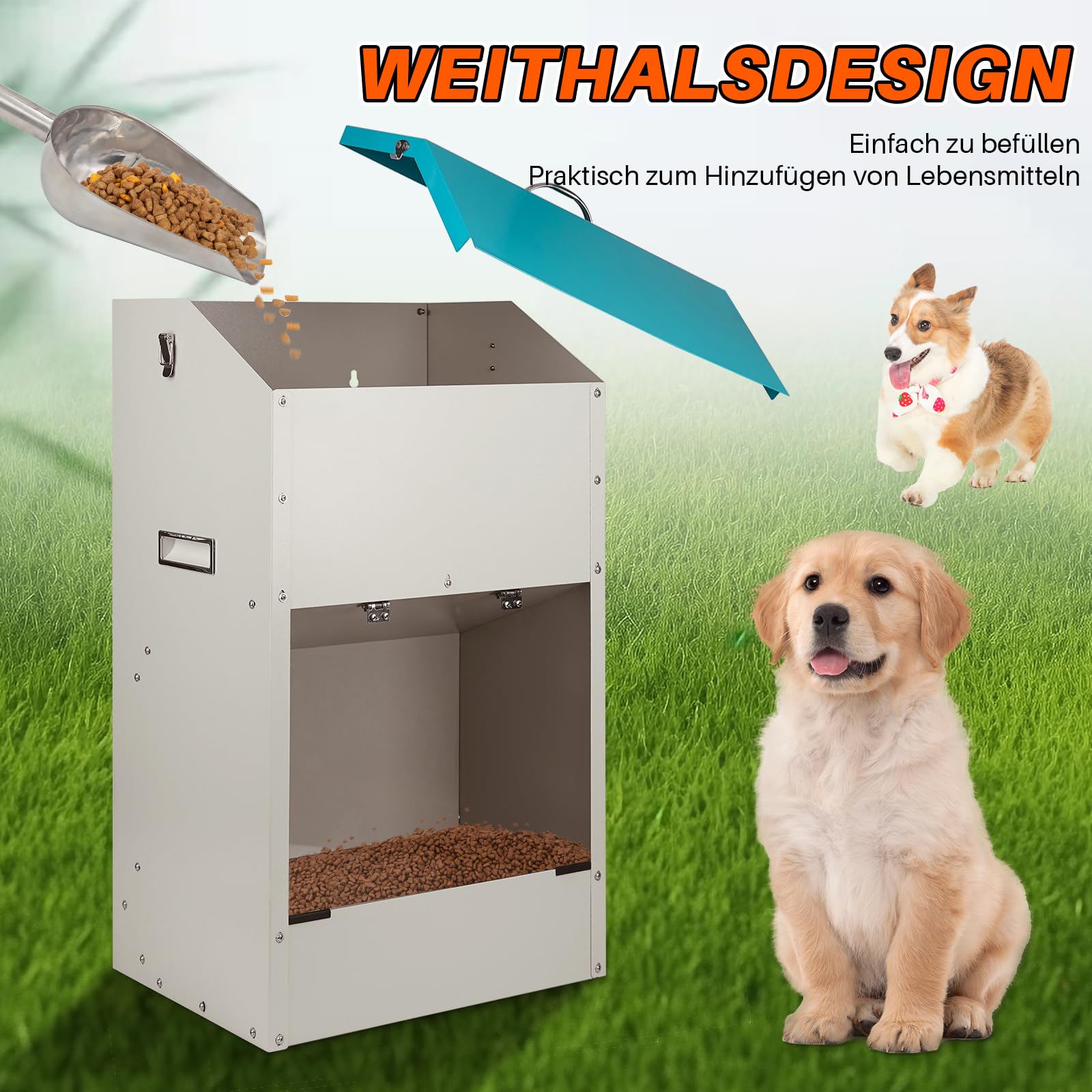 Futterautomat für Hunde - Fassungsvermögen 22 kg, mit Deckel Zum Schutz des Futters, Nagetiersicheres Design, Geeignet für den Außeneinsatz (70X30X40)