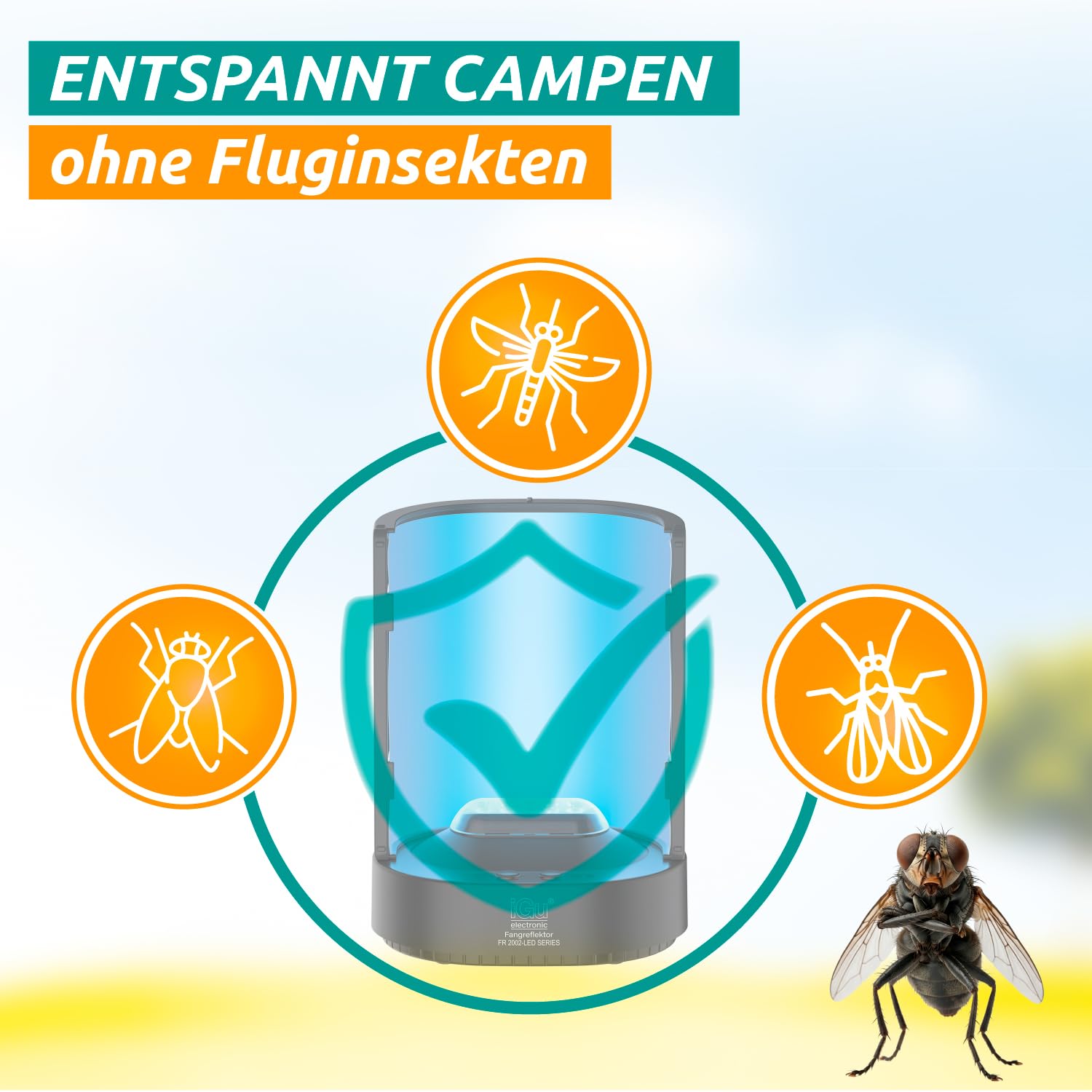 iGu 2002 LED Fliegenfalle mit Akku, USB-C und Leimtafel (2002 LED Gerat) | Für Fliegen, Fruchtfliegen und Motten – Fangreflektor, tragbar, geruchlos, für Wohnraum, Wohnmobil und Camping