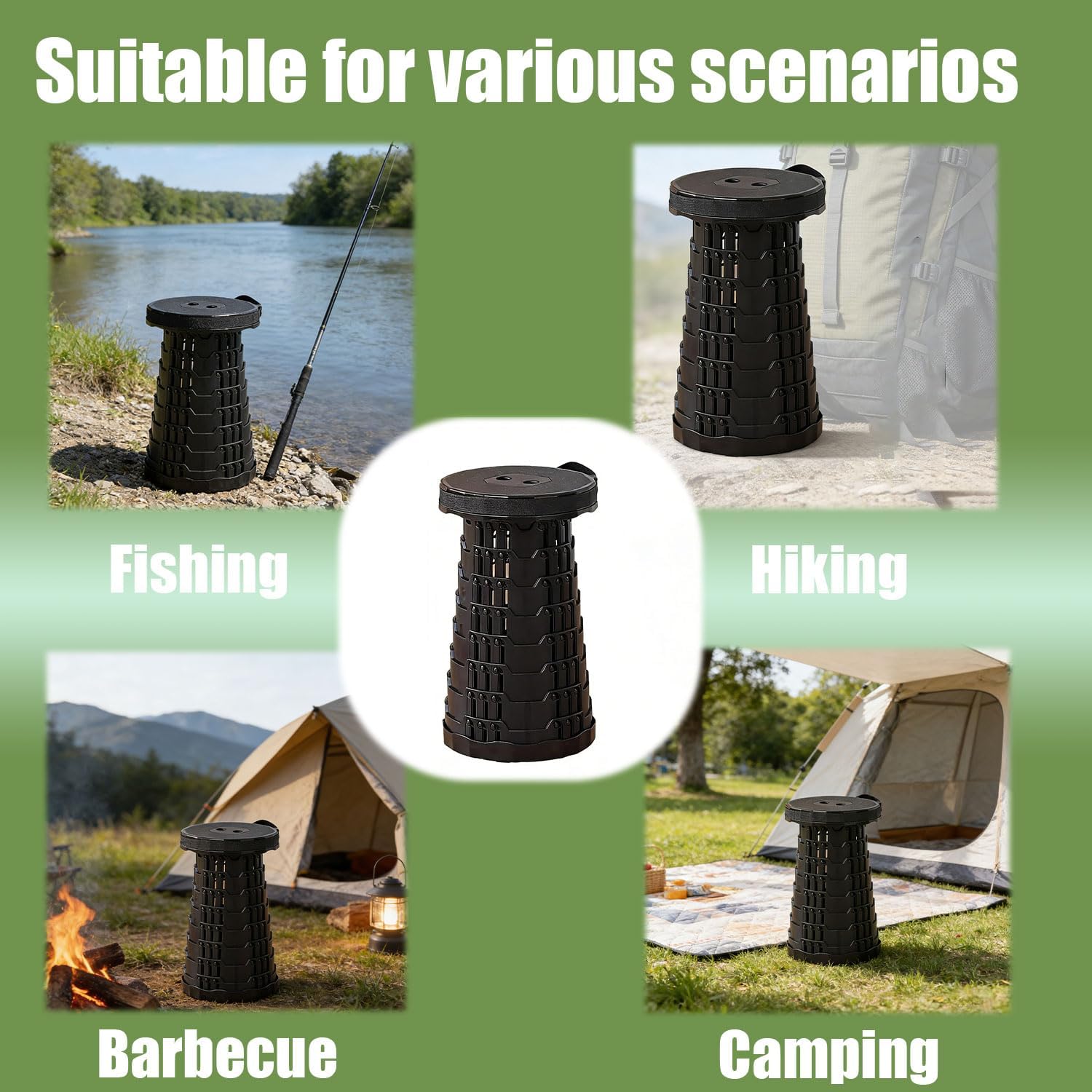 Collapsible Stool Portable Retractable Folding Stool, Fish Scale Structure for Smooth Height Adjustment, Supports 550 lbs, Heavy Duty Non-Slip PP Camping Stool for Outdoor Hiking Fishing BBQ Black