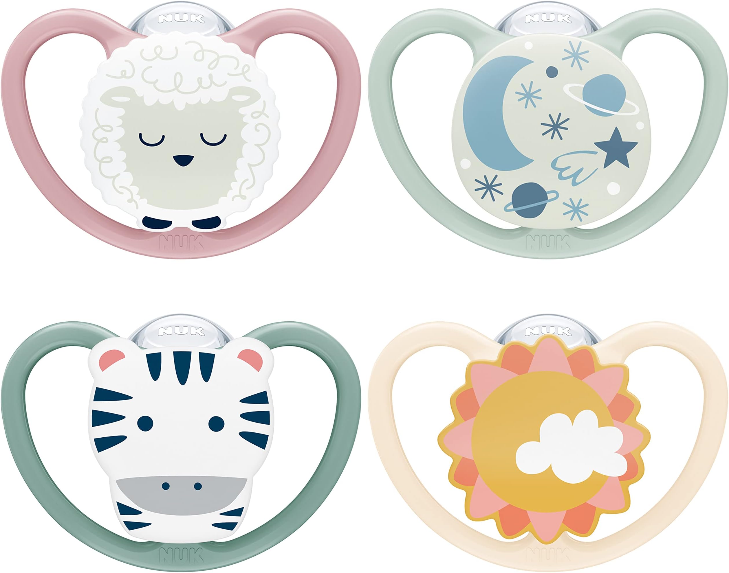 Space Day & Night Baby Dummy | 18-36 Months | Glow-in-the-Dark Soothers with Extra Ventilation for Sensitive Skin | BPA-Free Silicone | Zebra & Sheep | 4 Count