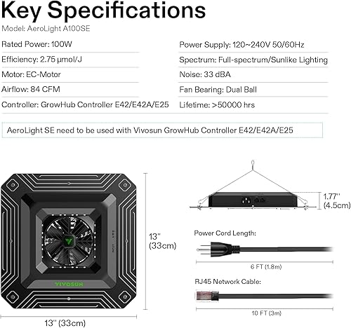 Miniatura 9 de VIVOSUN Sistema de cultivo inteligente con AeroLight A100 100W LED luz de crecimiento con ventilador de circulación, ventilador de conducto en línea