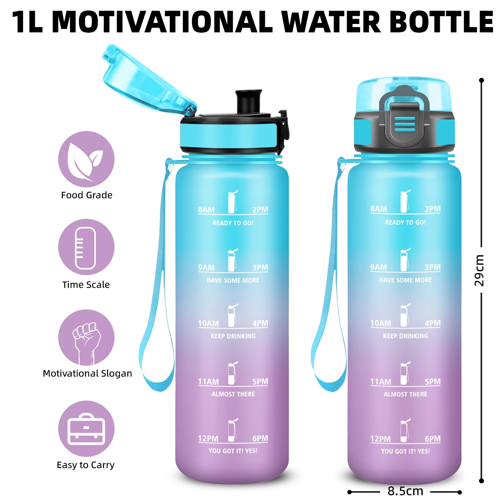 Borraccia, Borraccia Palestra 1 litro, Borracce Senza Perdite, Borracce Motivazionale, Facile da Trasportare, Bottiglia con Orari per Bere, Facile da Pulire, per Campeggio, Fitness, Yoga, Scuola