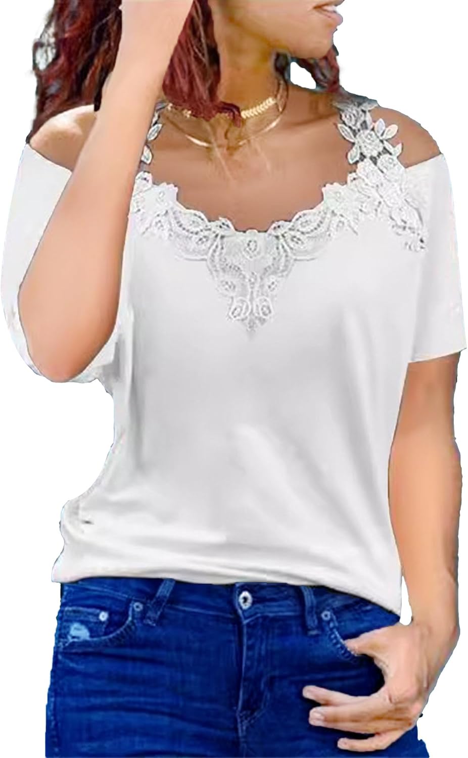 Womens Lace Crochet Cold Shoulder Tops Casual Loose V Neck Short Sleeve Tunic Shirts Trendy Summer Strappy Blouse
