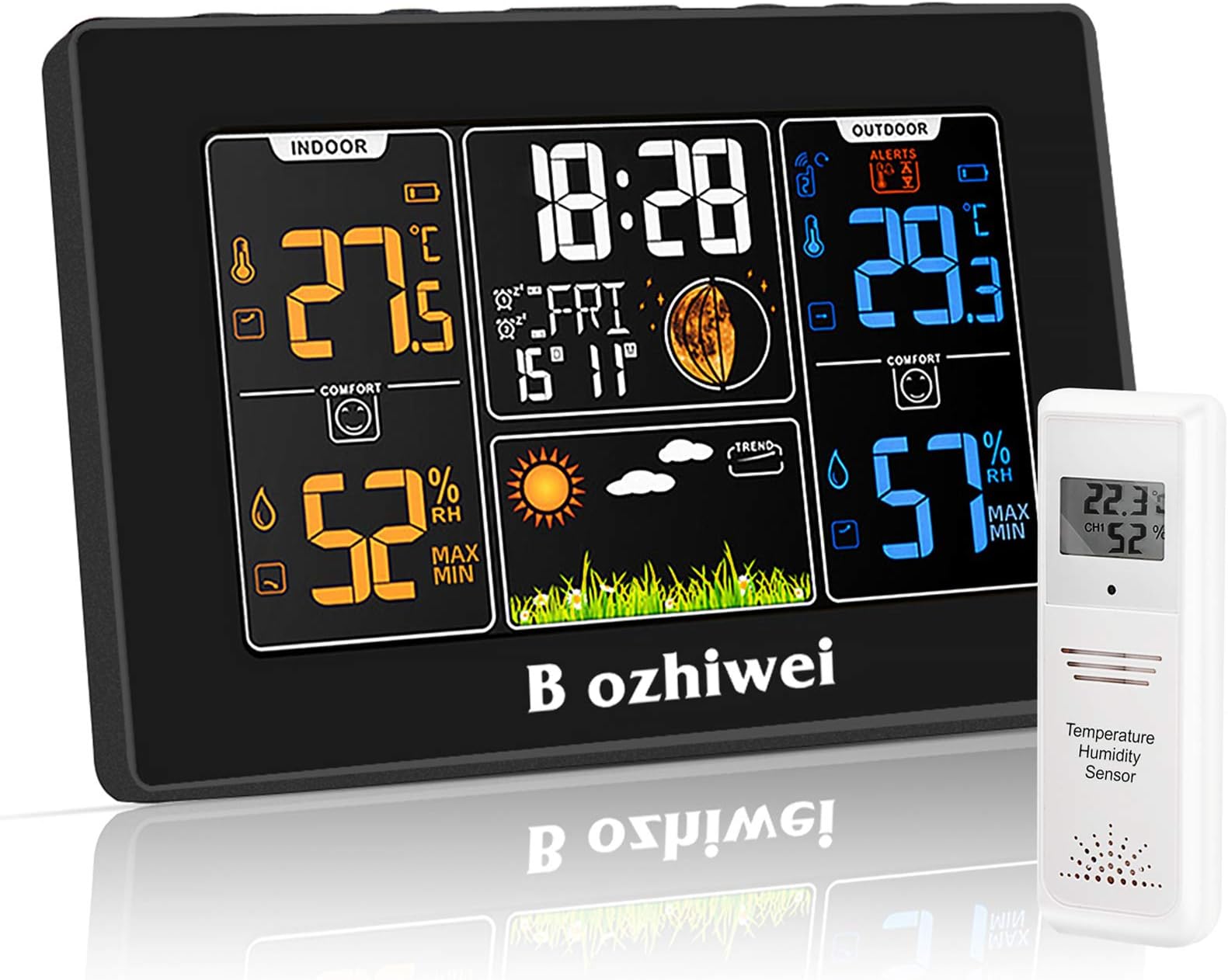 Wireless Weather Station, Digital Color Weather Station with Outdoor Sensor, Weather Forecast Humidity Temperature Monitor Barometer Alert Weather Station for Home Bedroom Garden