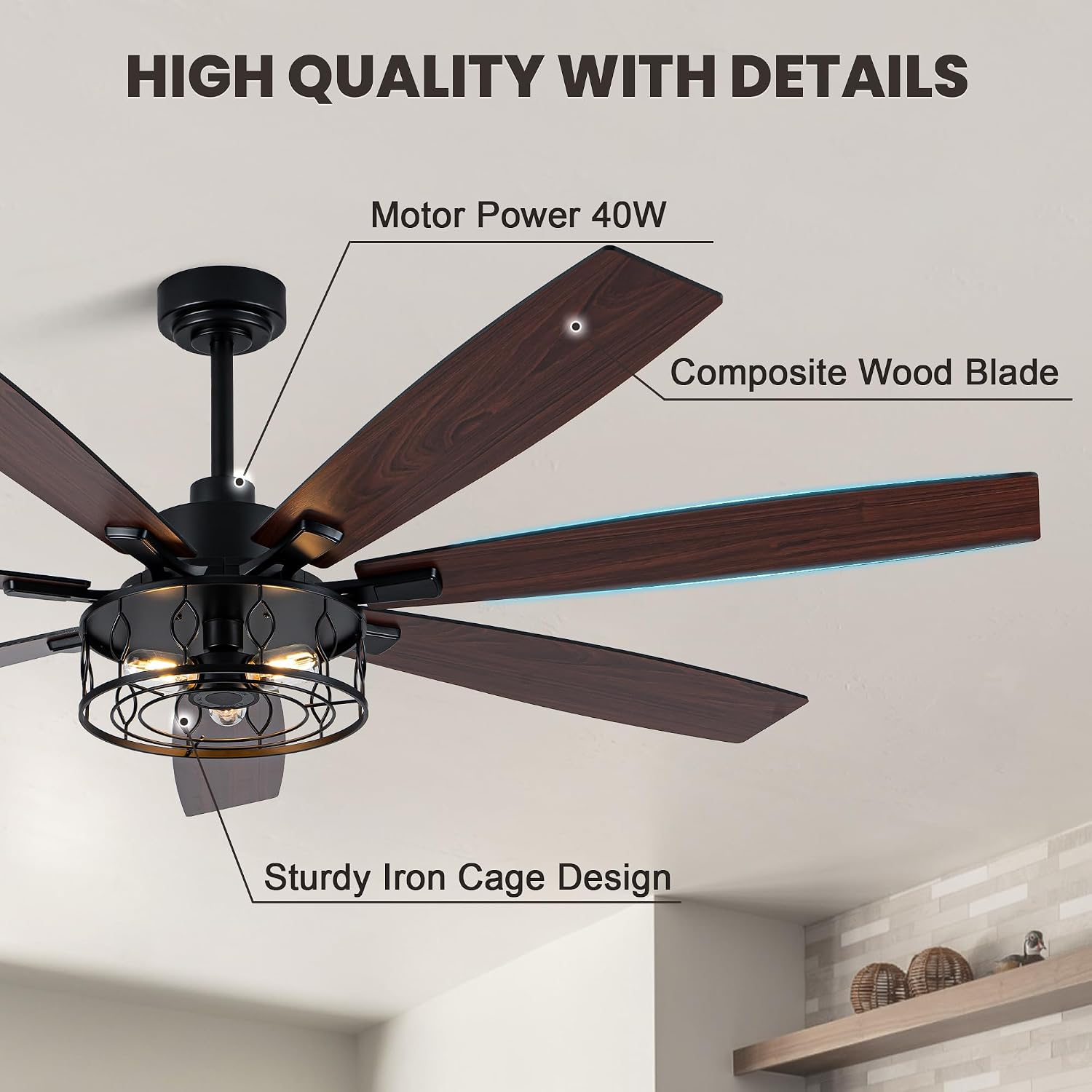 Dawn Whisper 72 Inch Farmhouse Ceiling Fans with Lights Black Industrial Caged Ceiling Fans with Remote Rustic Chandelier Fan for Living Room 6 Speed Reversible Motor and Dual Finish 7 Blades