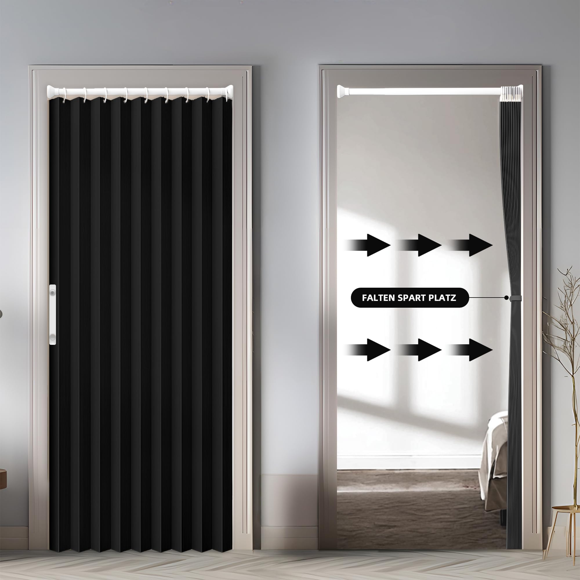 Rideau de porte magnétique avec occultation, séparateur d'espace pliable pour salle de bain/chambre/salon, design accordéon (Noir)'