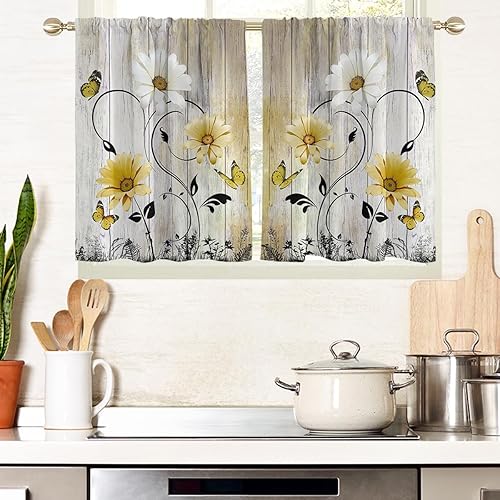 AAtter Cortinas florales amarillas para ventana de cocina, diseño abstracto de margaritas blancas botánicas, pequeñas y cortas, para el hogar, sala