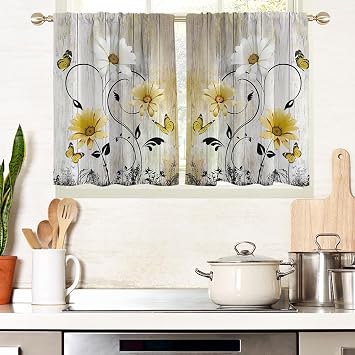 AAtter Yellow Floral Kitchen Curtains, 27.5" W x 36" L, 2 Panels Rod Pocket