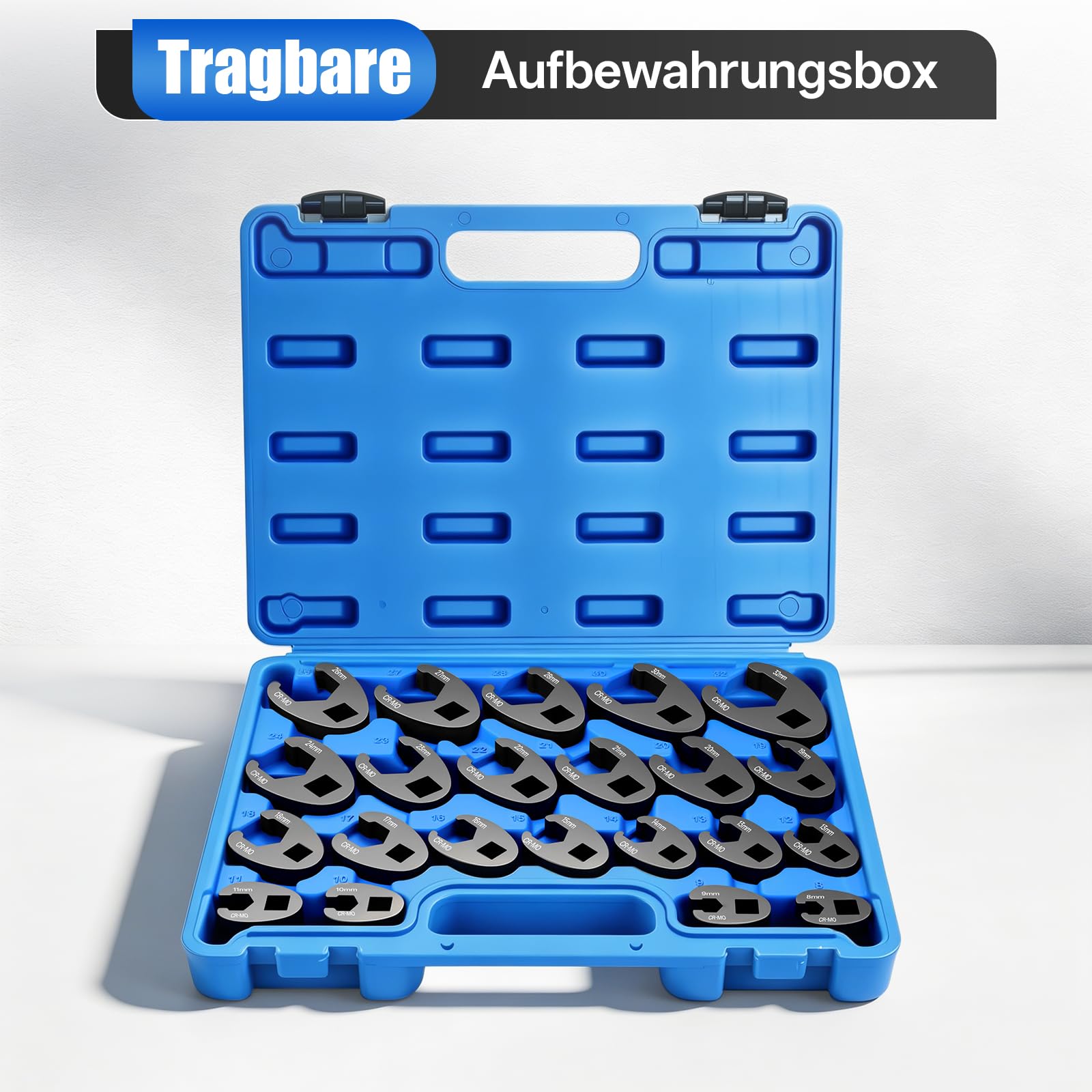 22 TLG Hahnenfußschlüssel, Drehmoment 1/2" 3/8" Außenvierkantantrieb 8-32mm Hahnenfuß Schlüssel Maulschlüssel Steckschlüssel, Tragbare Aufbewahrungsbox