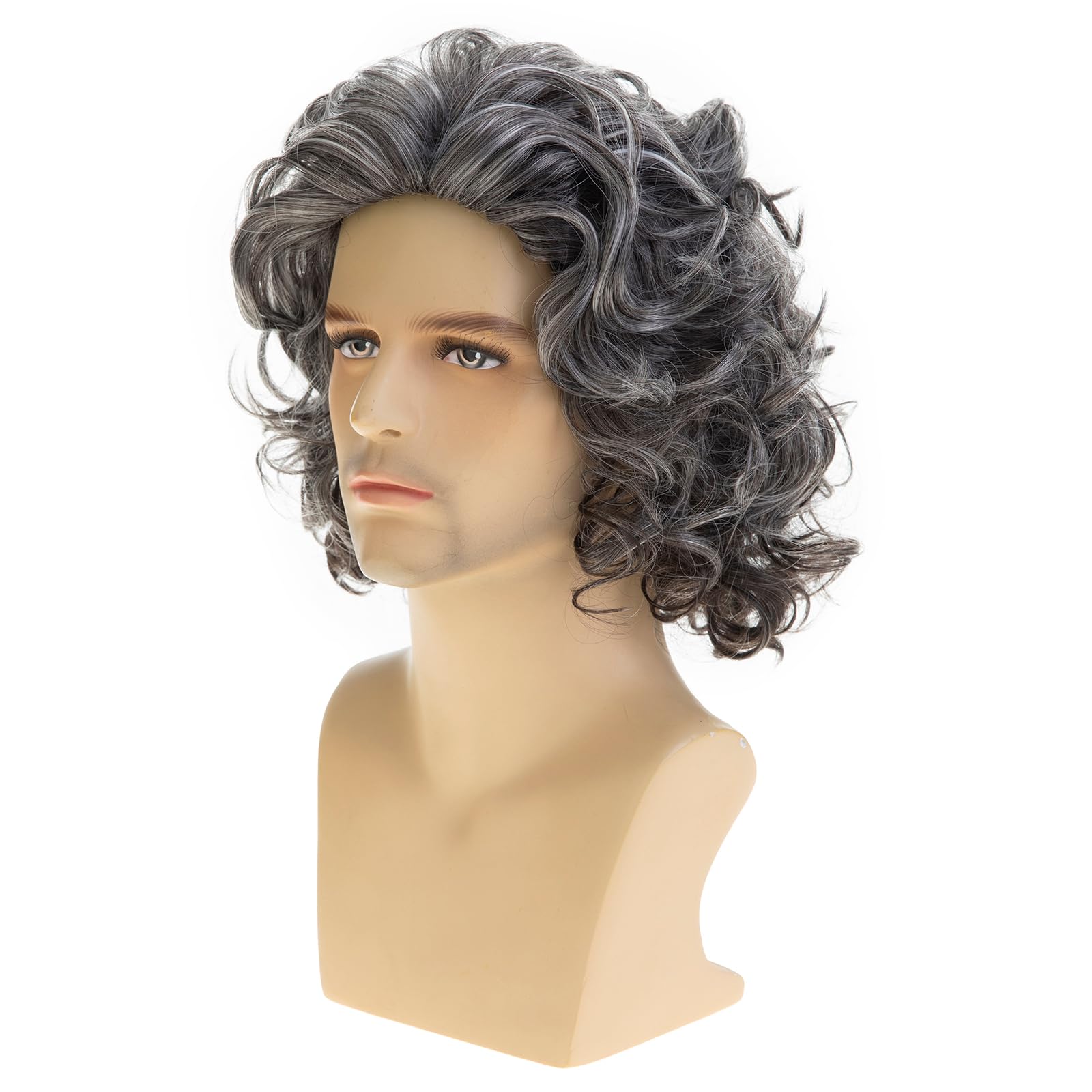 Dsimeig Mens Short Curly Wavy Wig Mixed Grey Fluffy Cosplay Costume Hair, GreyWhite, 9 pollici x 2 pollici - Image 3