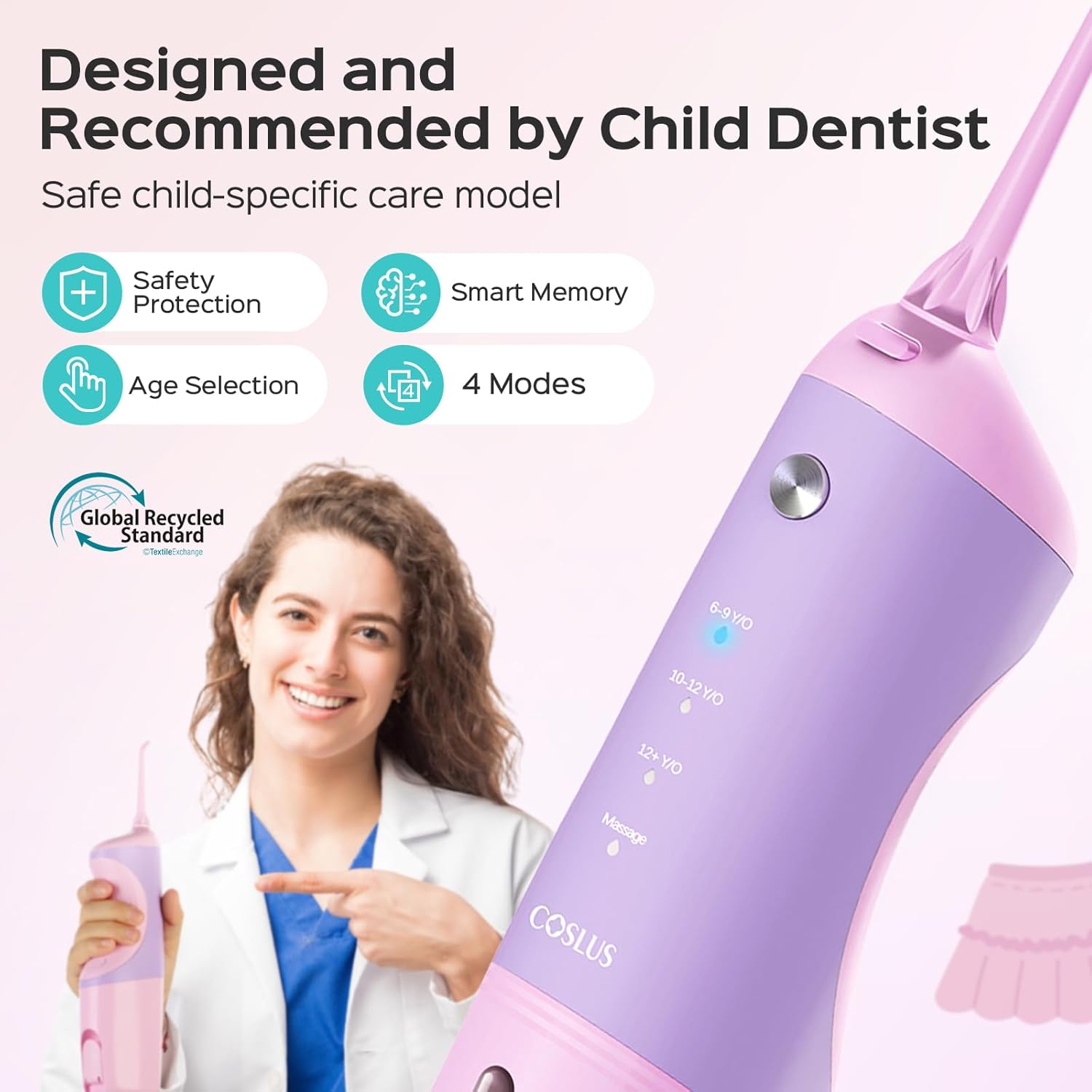 COSLUS C31 Kids Water Dental Flosser Deep Cleaning Picks Portable 4 Modes for Ages 6+ Safe Waterproof Rechargeable with 2 Jet Tips for Gums Care Pink Purple