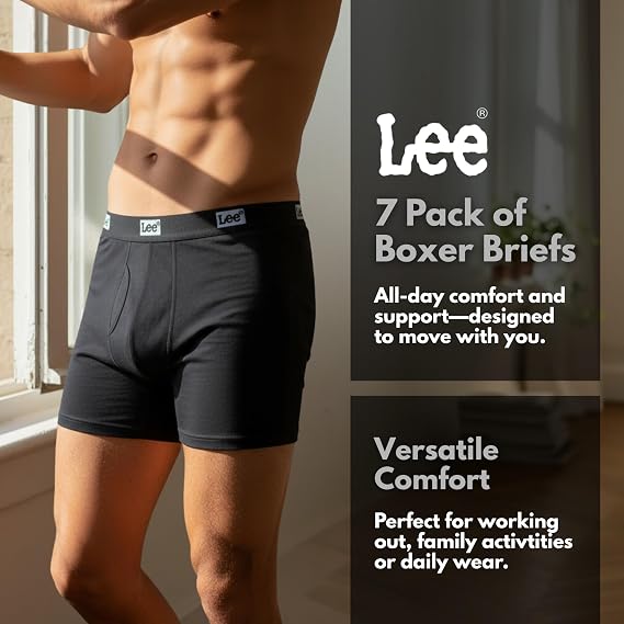 Lee Mens Underwear, 7 Pack Cotton Stretch Tagless Breathable Boxer Briefs