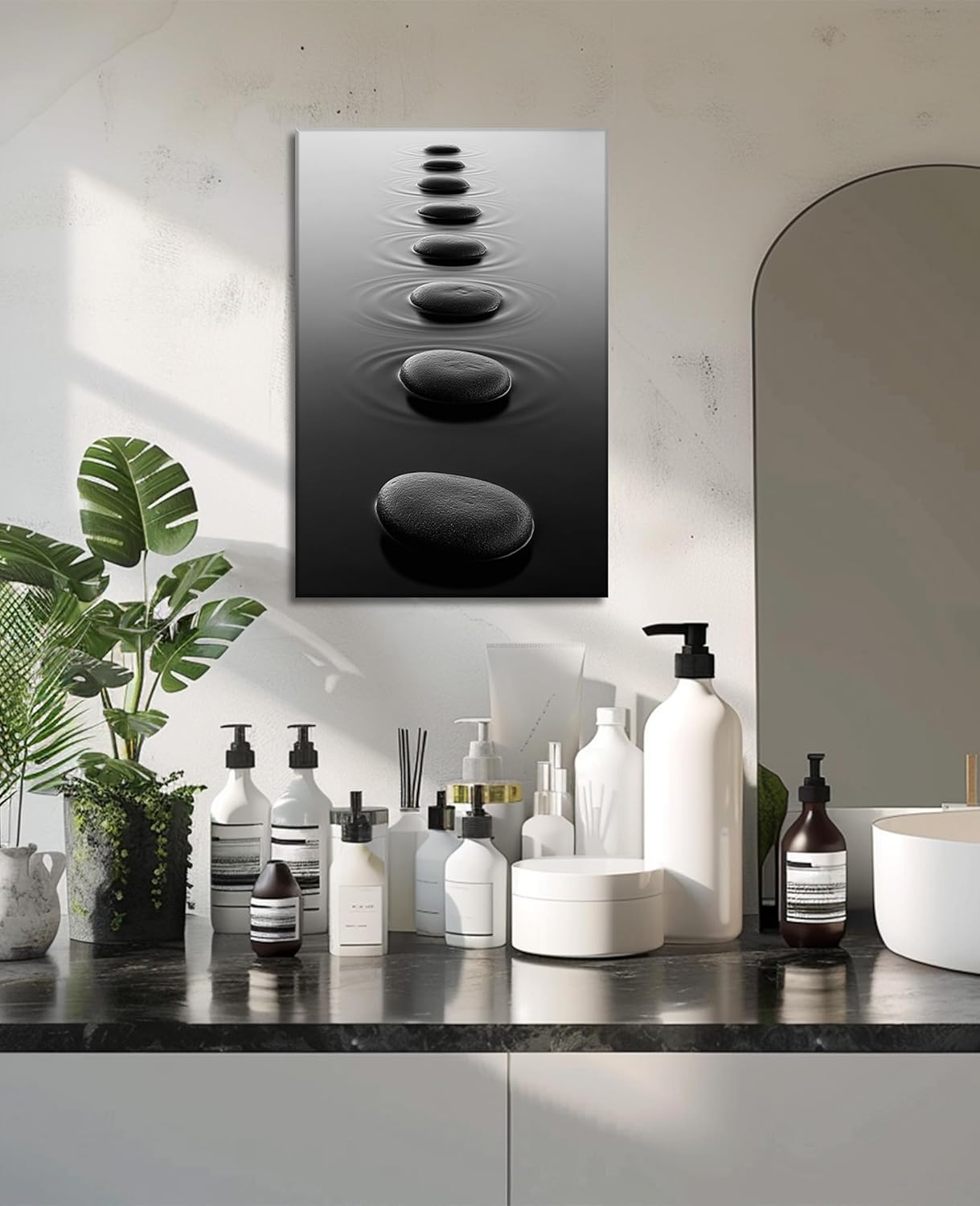 LYUNSHUO Zen Wall Art Bathroom Decor Black and White Canvas Prints Spa Stones on Water Picture Peaceful Scenery Artwork for Home Decor Frmaed(Zen-3,20.00"x30.00")