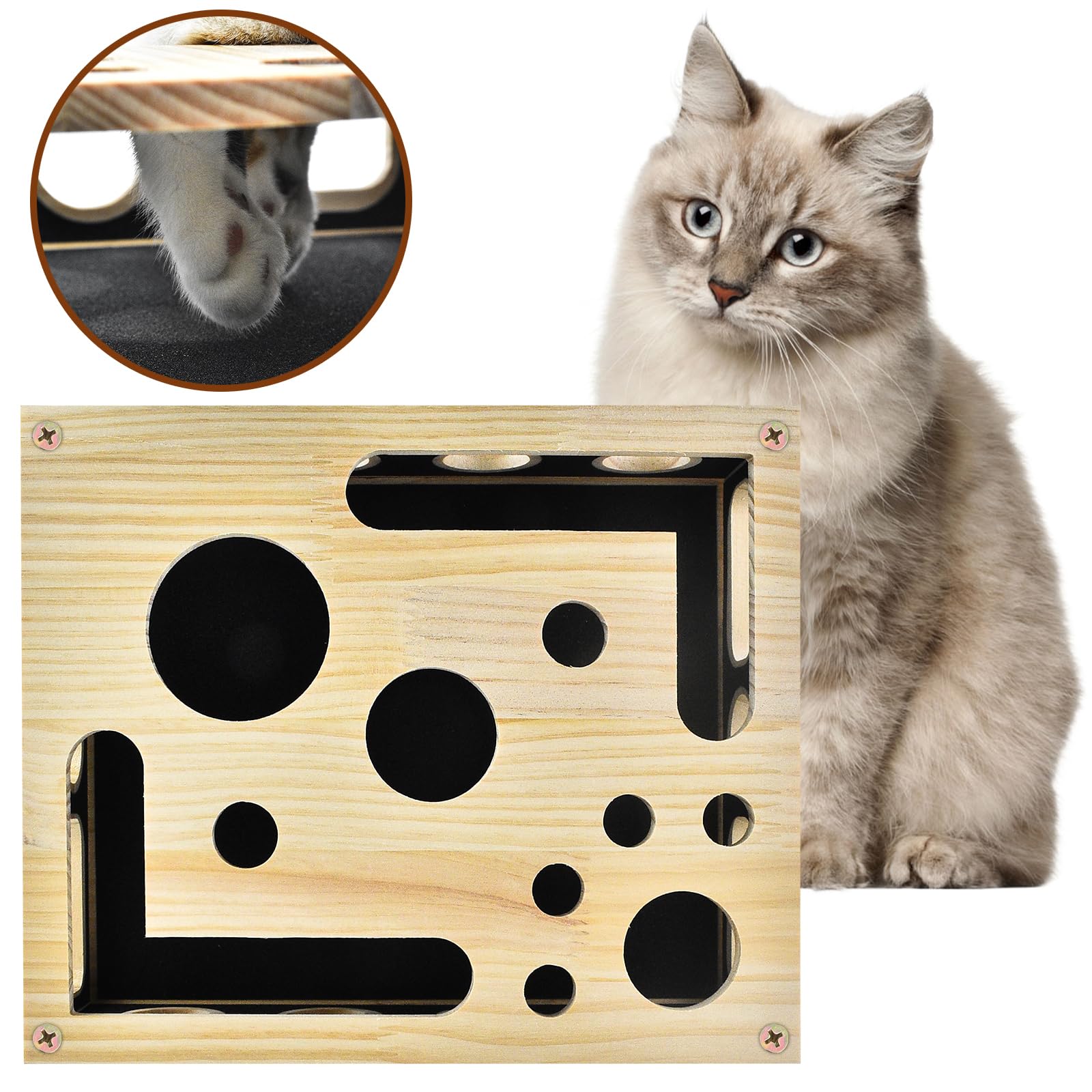LUMIXA Caja rascadora de uñas para gatos, juguete de rompecabezas de enriquecimiento de gatos de madera con papel de lija interior, aberturas de golosinas y montaje de tornillo reforzado para gatos de