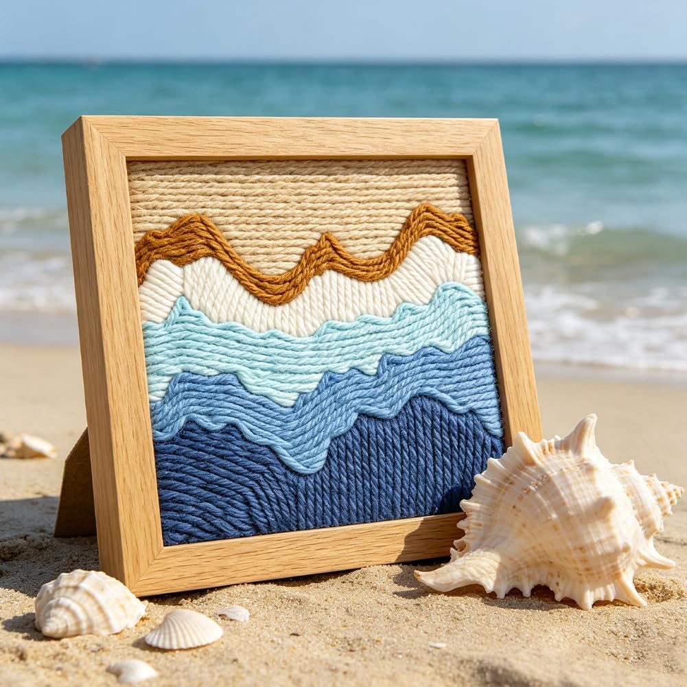 INFUNLY 2 Set Waves Ocean Punch Needle Kit for Beginners Whale Tail Punch Needle Embroidery Kits for Adults 9.4×9.4 Inch DIY Punch-Stitching Kit with Instruction Threader Needles Frame for Wall Decor