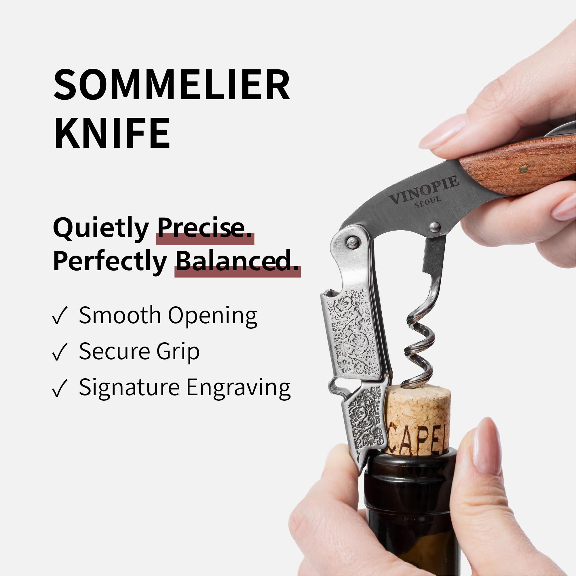 Sacacorchos profesional para camareros – Cuchillo de sumiller de madera con mango de goma ergonómico, abridor de botellas de cerveza y cortador de papel de aluminio (solo abridor (sin llavero))