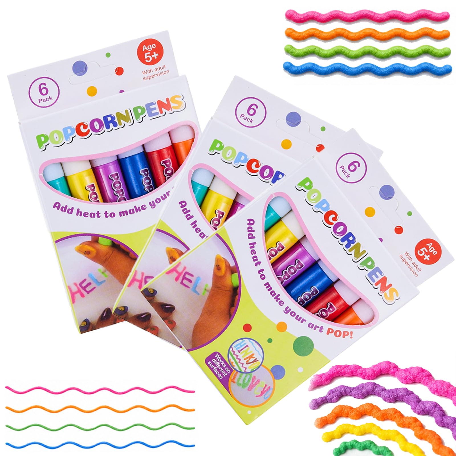 Jeeeun Popcorn Pens, 6 Colors, 3D Puffy Art Pens for Kids Ages 7-14 (3set)