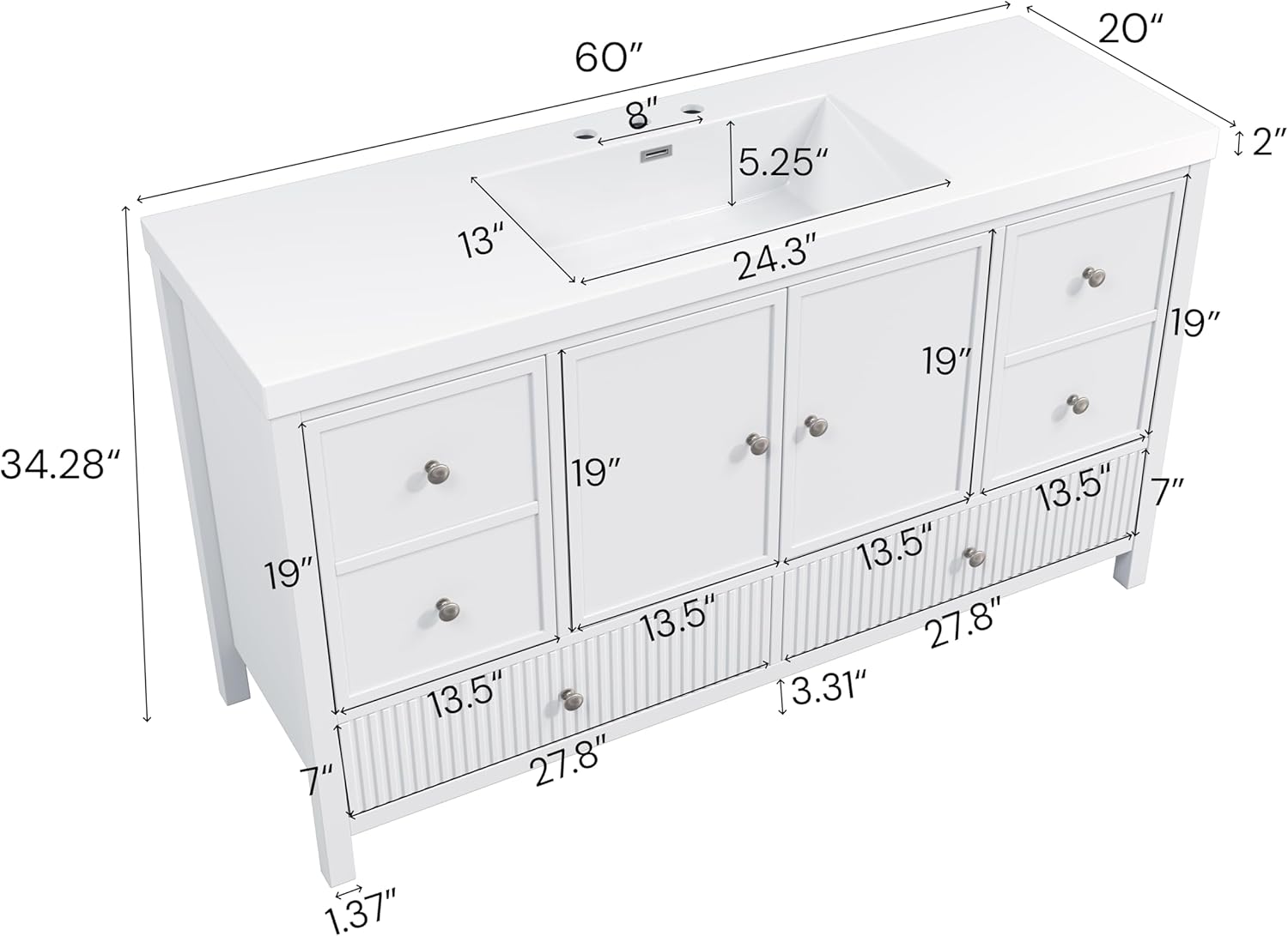 60 Inch White Bathroom Vanity with Single Sink,Large Bathroom Vanity with Spacious Countertop & Deep SMC Sink,with 4 Drawers & 2 Soft Closing Doors,Silver Knobs,Slated Front,8 in Faucet Hole