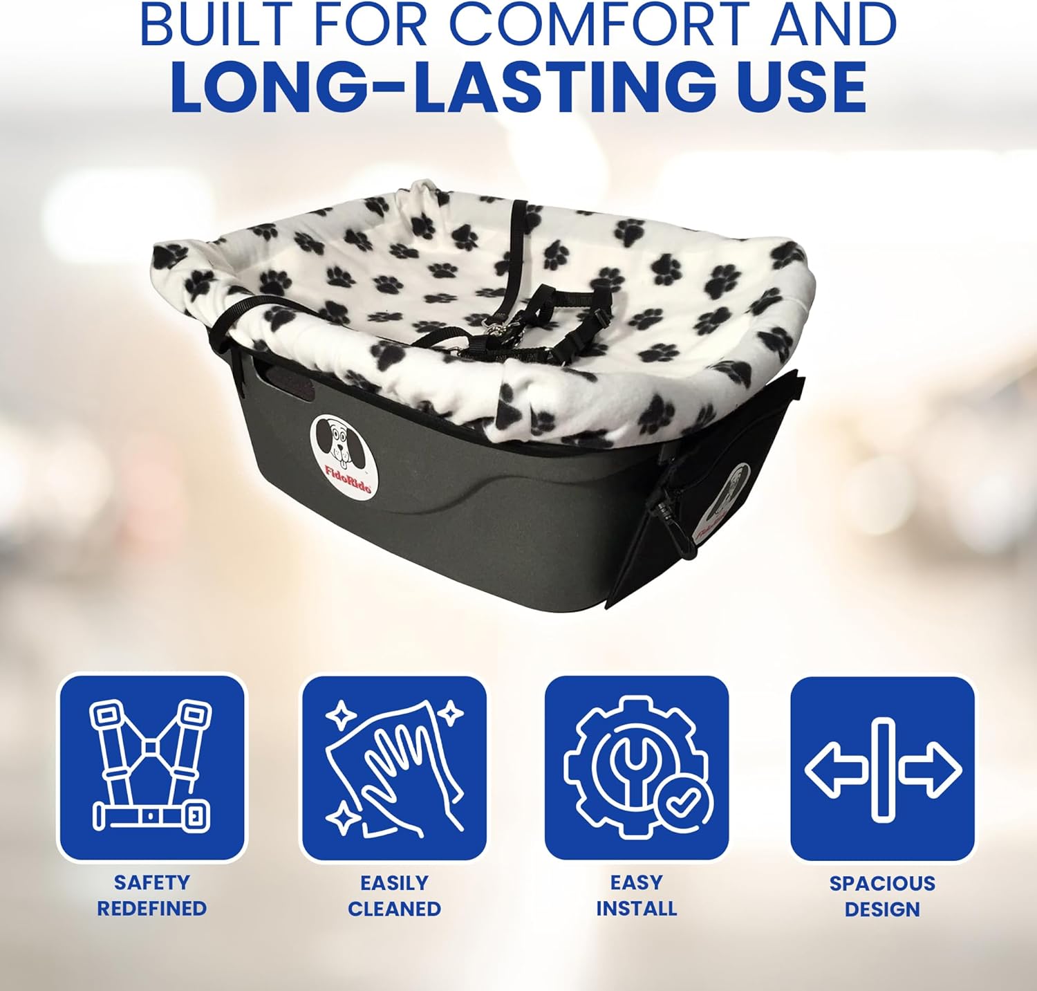 FidoRido Dog Car Seat - Pet Booster Seat for Small to Medium Dogs with Comfortable Cushions, Sherpa Cover, and Safety Straps, Easy to Install, Ideal for Travel, White Black Paw Prints - Medium Harness