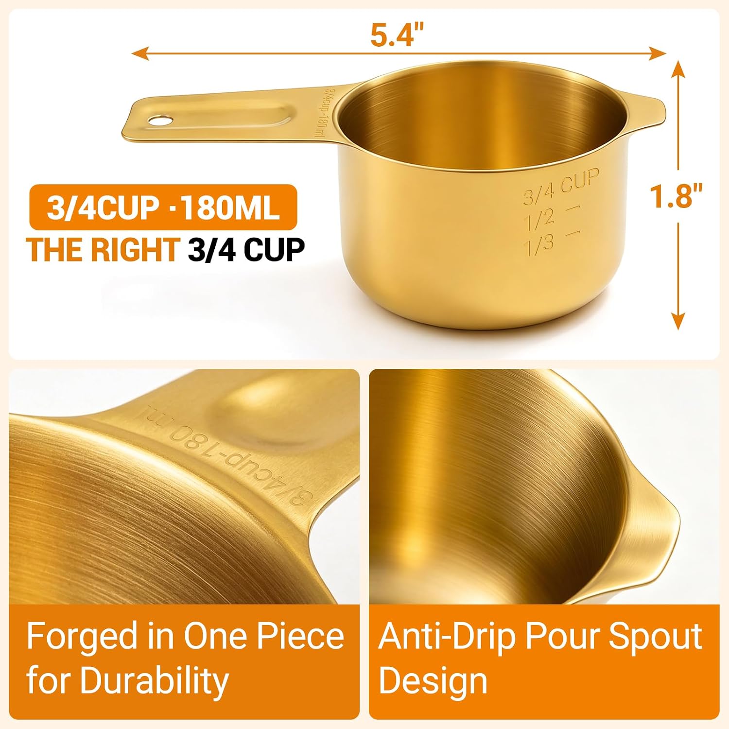 3/4 Cup Measuring Cup, Gold 180ml Stainless Steel Measuring Cup for Cooking & Baking, Food Grade Metal Measuring Cup with Clear Markings, Dishwasher Safe