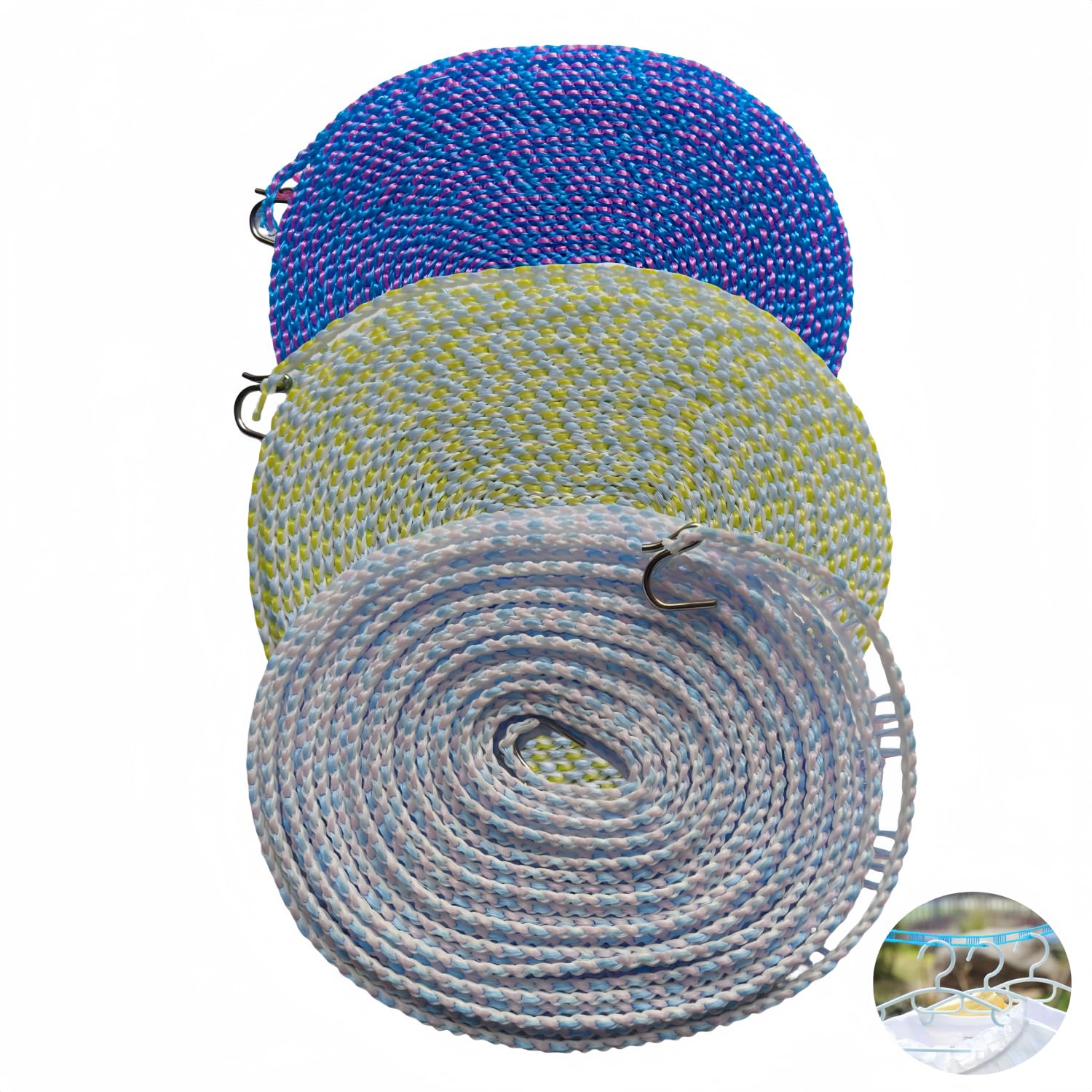 3-Pack Windproof Clothesline with Hooks Upgrade Retractable Clothesline, 26.2feet for Indoor Outdoor Camping Home Hotel,3 Color