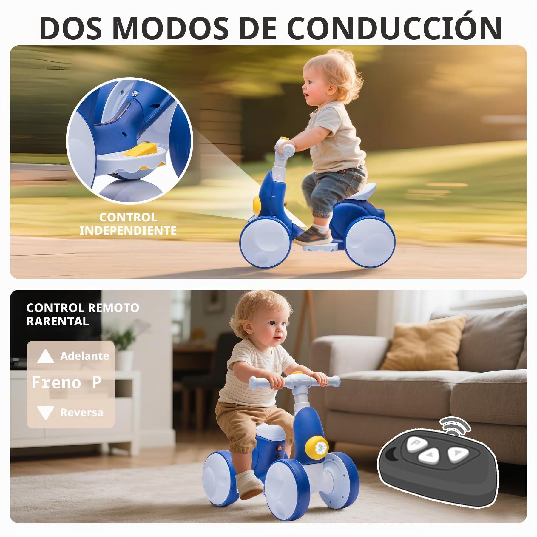 Bicicleta sin Pedales Eléctrica con Máquina de Pompas para Niños y Niñas de 1 a 4 Años, Juguetes Bebés 4 en 1 para 12-48 Meses con Música, Luces LED, Regalo para Cumpleaños, Navidad, Azul-Blanco
