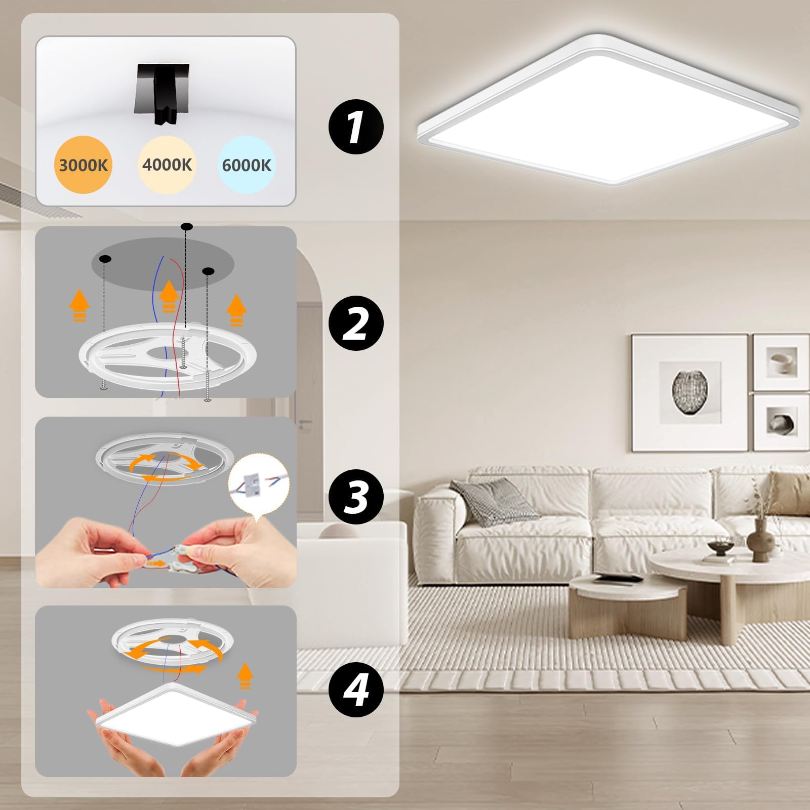 Lampe de Salle de Bain 29 CM 24W 3200LM 6000K/4000K/3000K IP54 étanche Ultra Mince Plafonnier Carré pour Cuisine, Chambre à Coucher, Toilettes, Porche, Couloir, Salon, Bureau
