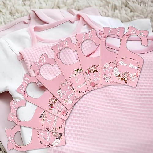 Miniatura 3 de Divisores de armario para bebé, paquete de 8 unidades de flores rosas de madera de doble cara para ropa de bebé, organizador de tamaño de ropa de