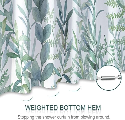 Miniatura 3 de Cortina de ducha bohemia, 72 x 72 pulgadas, dobladillo pesado, impermeable y lavable, diseño decorativo de hojas de eucalipto con 12 ganchos