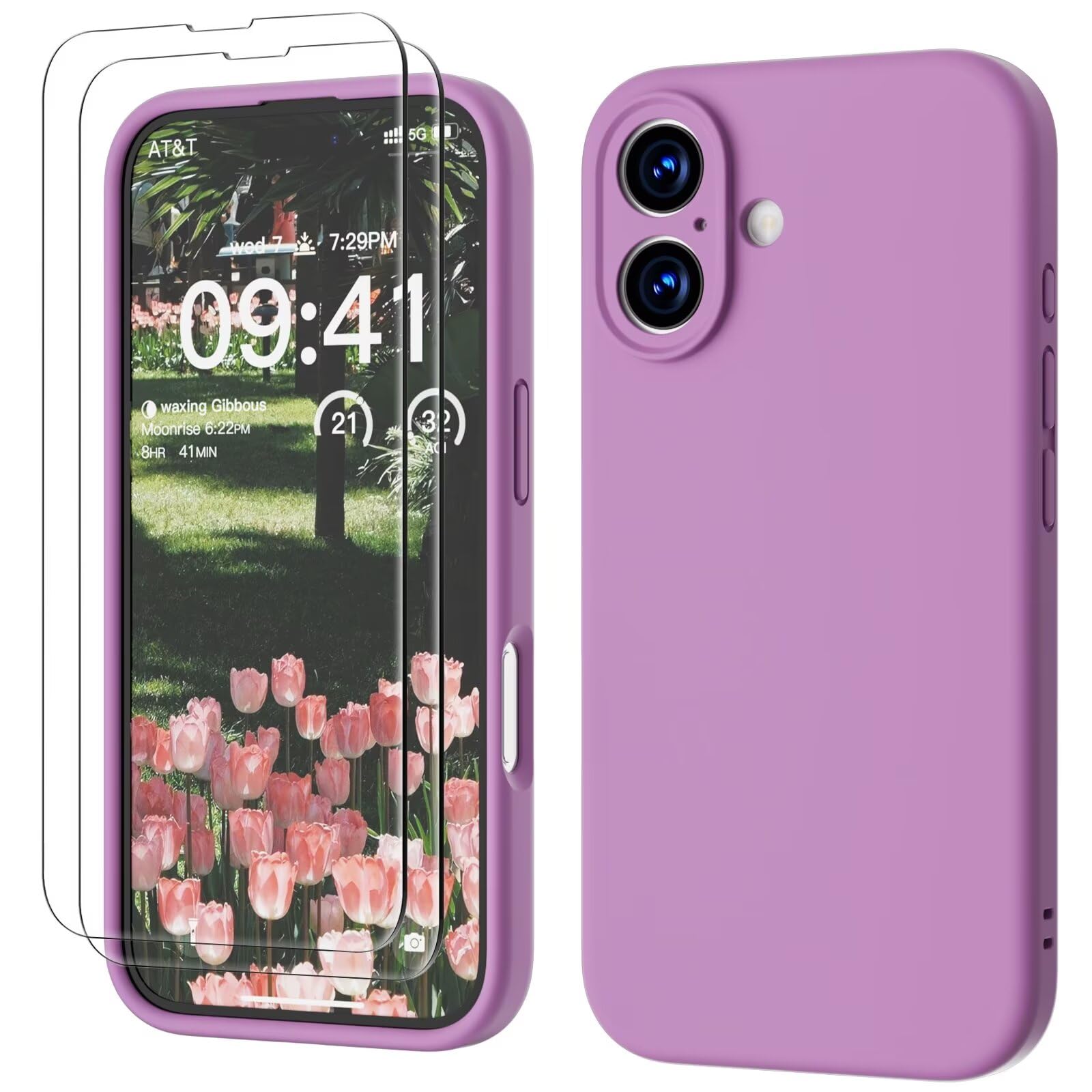 GOODVISH 3 in 1 Silicone Cover per iPhone 16 6.1", Custodia con 2 Pellicola Vetro Temperato [Protezione Fotocamera] 360° Protezione Anticaduta Case per Cellulare Antiurto Resistente, Taro Viola