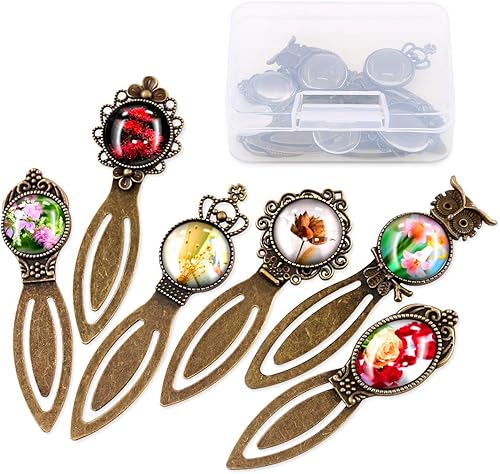 Glarks - Juego de 12 marcadores de metal bronce antiguo 6 estilos redondos y ovalados de aleación y cabujones de cristal para leer regalo