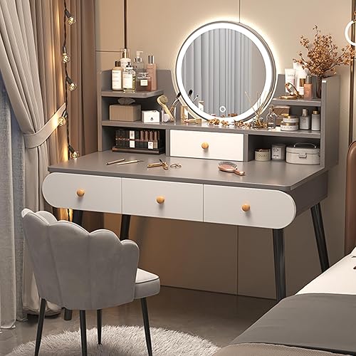 Miniatura 8 de Mesa de tocador de maquillaje con 3 cajones y 4 estantes, escritorio de tocador con espejo iluminado LED, brillo ajustable de iluminación, mesas de