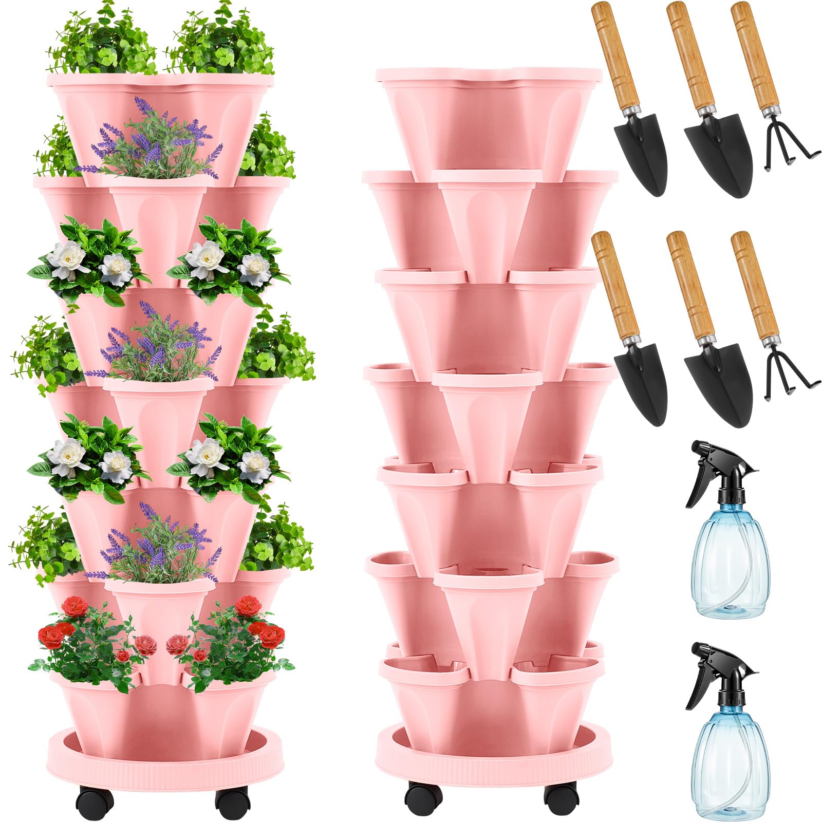 Umigy 2 Set of 7 Tier Vertical Planter Stackable Tower Planters Strawberry Herb Flower and Vegetable Pots Indoor Outdoor Gardening Pots with Removable
