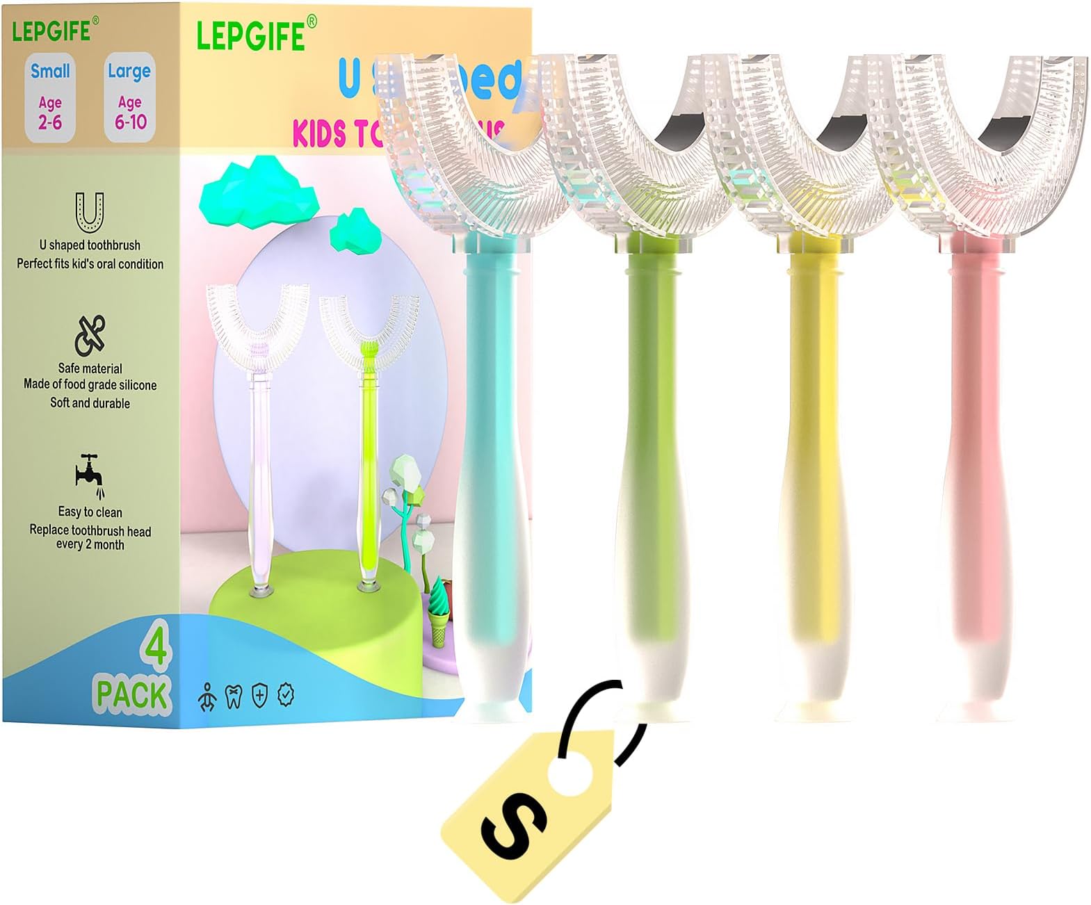 U Shaped Kids Toothbrush 4 Pack, U-Type Whole Mouth Toothbrush for Kids (Age 2-6)