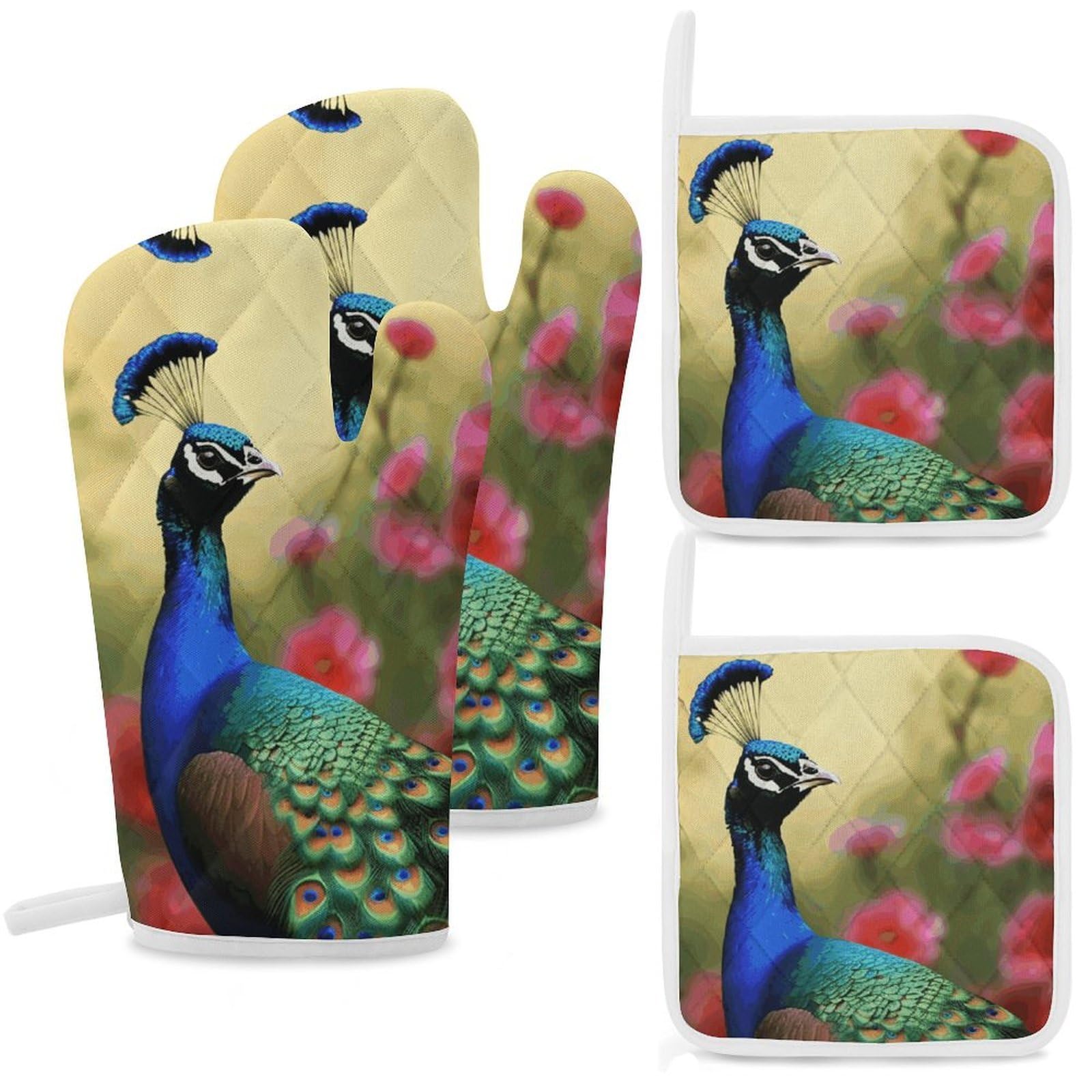 Peacock Flowers Oven Mitts and Pot Holders Sets Heat Resistant Oven Glove with Hanging Loop for Baking Cooking BBQ Thicken Potholders for Kitchen