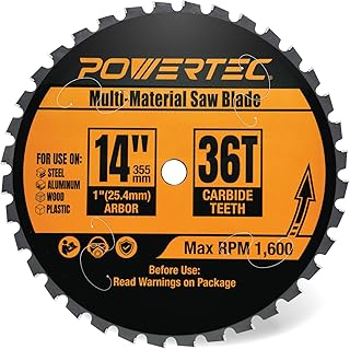 POWERTEC Multi-Material Cutting Blade - 14 inch Cold Saw Blade, 1" Arbor Metal Saw Blade, 36T TCG Cemented Carbide Teeth - Cuts Aluminum, Steel, Iron, Plastic & Wood - 1600 Max RPM - 14013