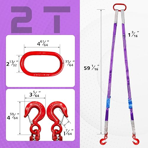 Miniatura 5 de Correas de elevación con ganchos, 5 pies, capacidad de 4400 libras, paquete de 2 correas de poliéster, correas de aparejo moradas para motores, grúas