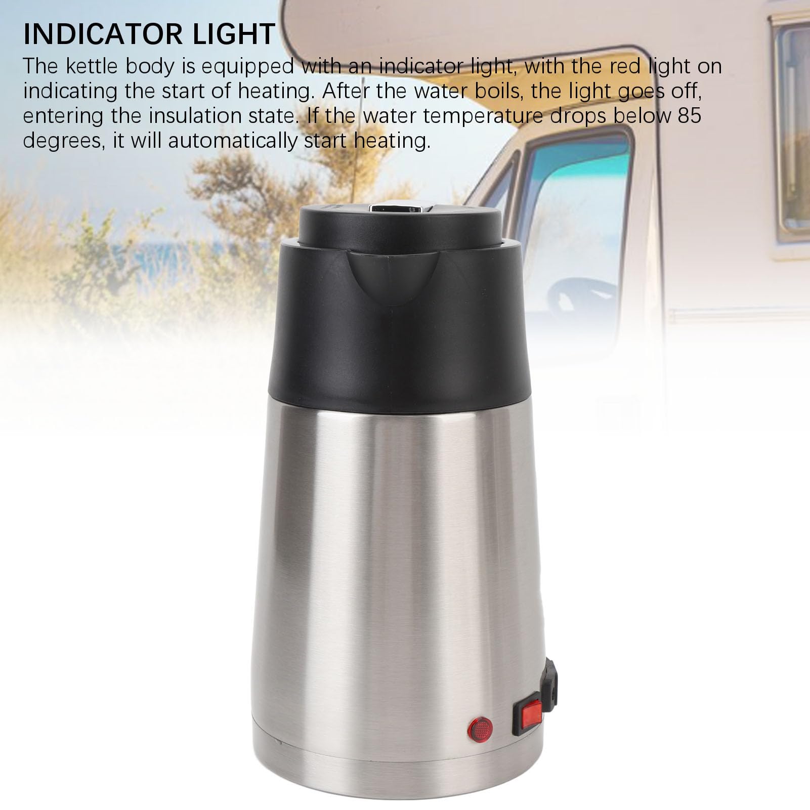 Hervidor de agua eléctrico para coche, 1.3L 200W 24V Hervidor de agua eléctrico portátil de acero inoxidable con luz indicadora Hervidor eléctrico de café y leche para remolque