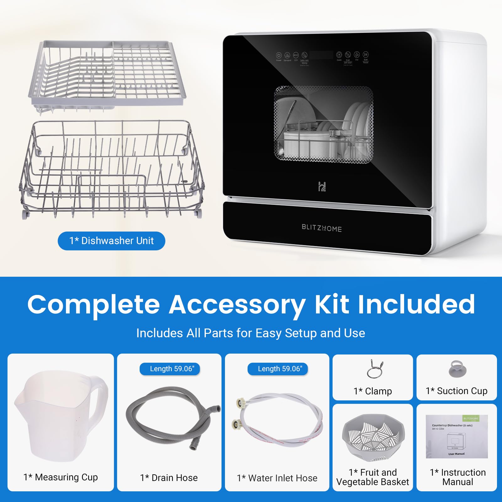 Lavavajillas Pequeño, BLITZHOME Lavavajillas Compactos Control Táctil, 9 Programas, Depósito de Agua de 5,2L, Compatible con o sin Conexión de Agua, Secado, Inicio Retardado, Portátiles para Camping