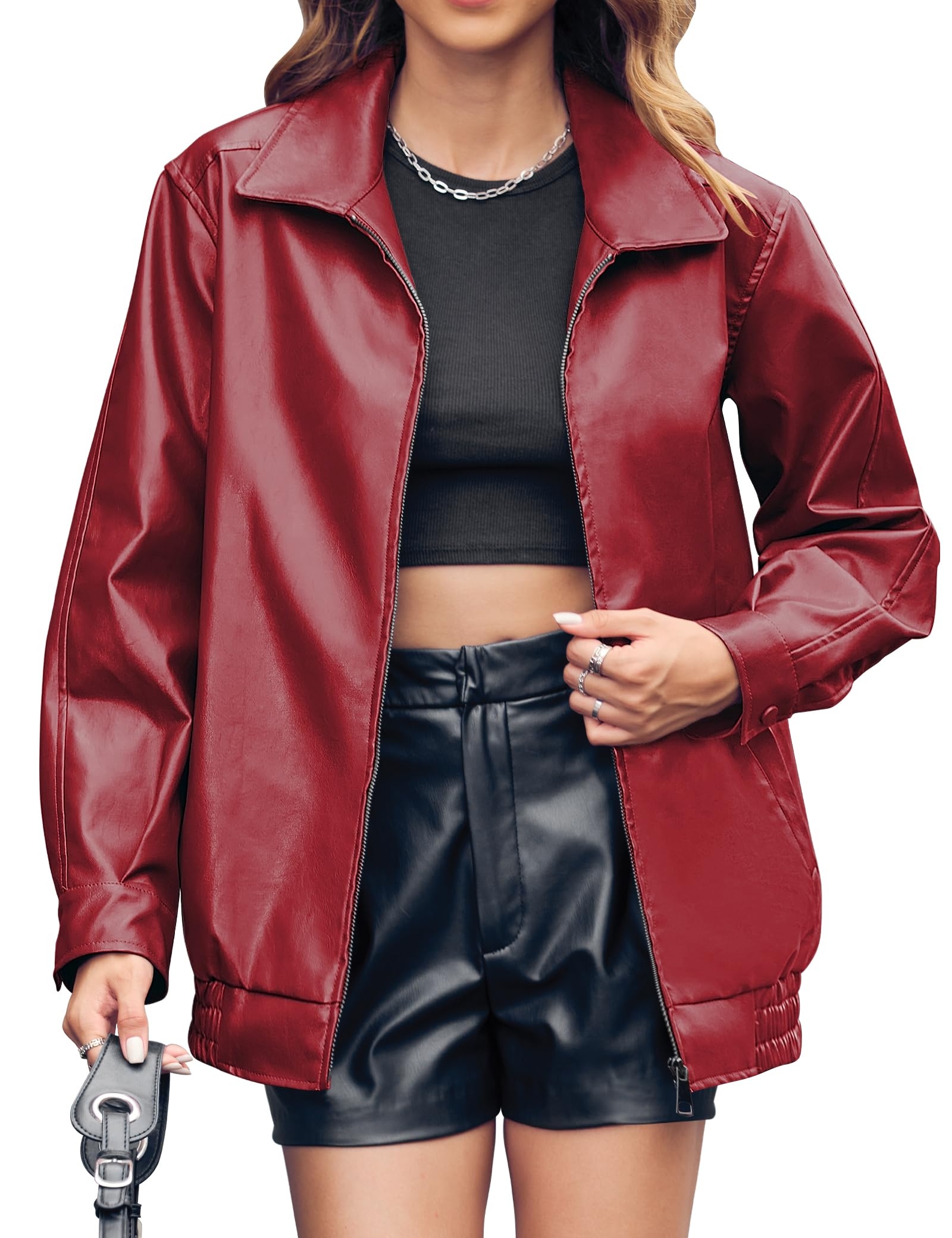 Womens Oversized Leather Jackets Faux Casual Zip Up Trendy Bomber Motorcycle Jacket with Pockets