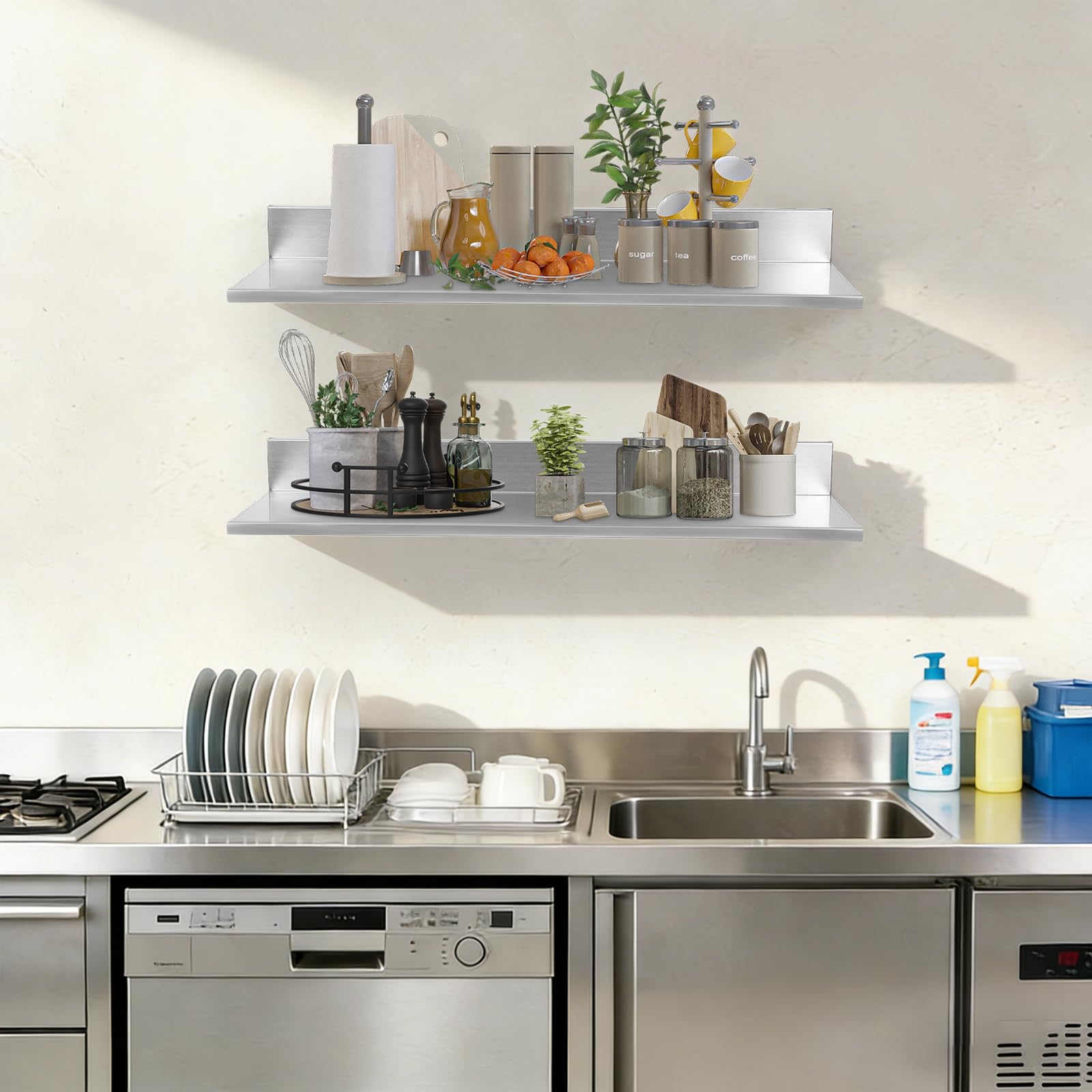 Set di 2 mensole da parete per cucina, in acciaio inox, montaggio a parete