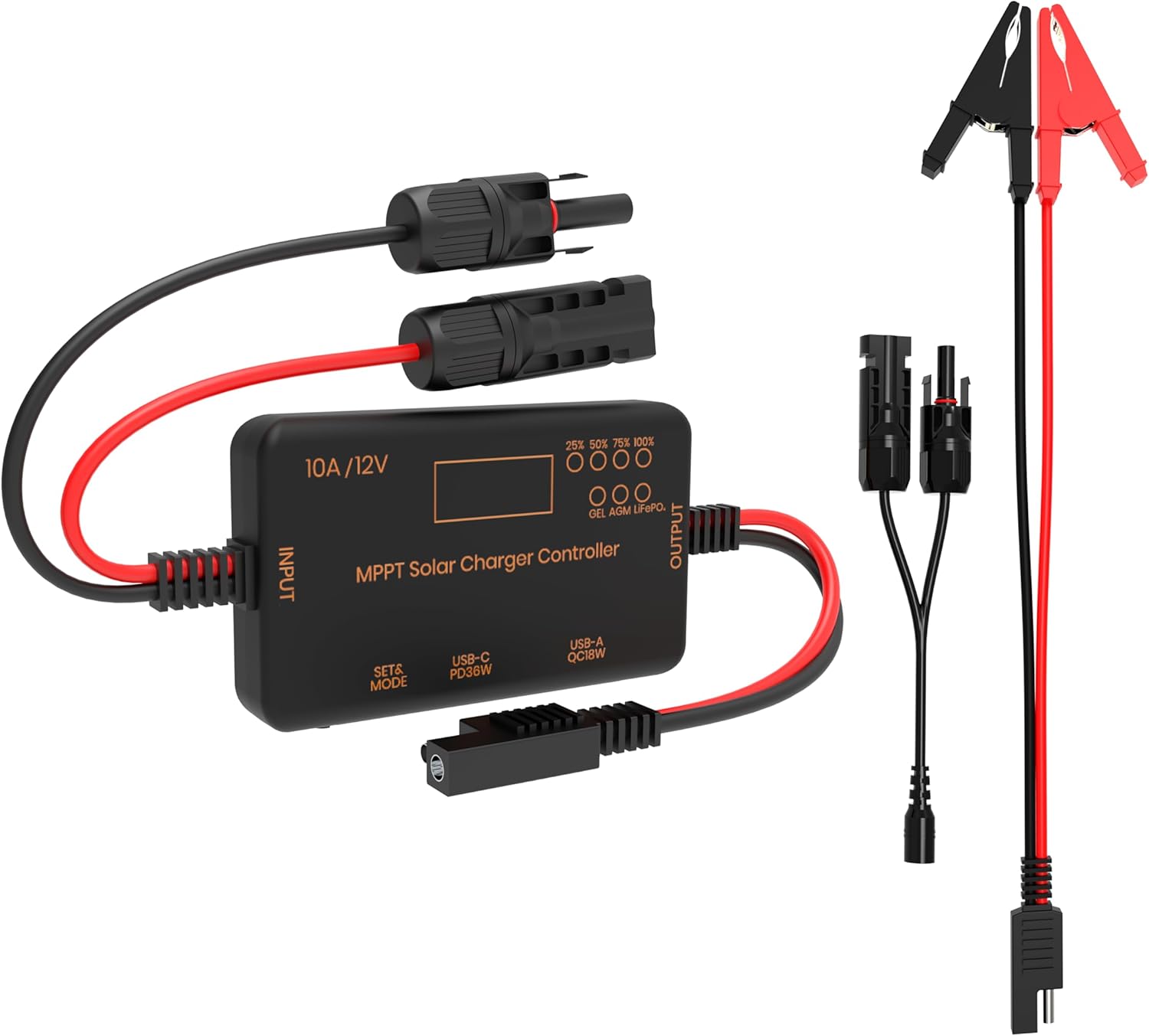FlexSolar 12V10A Solar Charge Controller with USB-C PD36W & USB-A QC18W Outputs Compatible for Gel, AGM, LiFePO4 Batteries