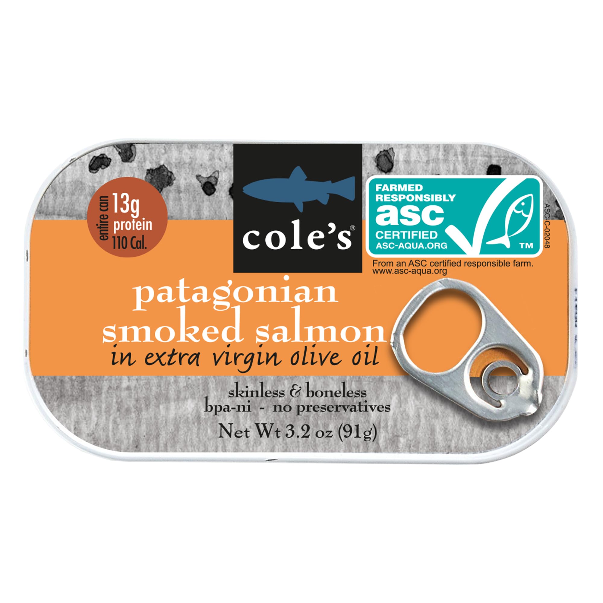 COLE'S SEAFOOD - Hand Packed Smoked Salmon in Olive Oil, Preservative Free Seafood, Canned Fish, High in Protein and Omegas, 3.2 oz Can | Single