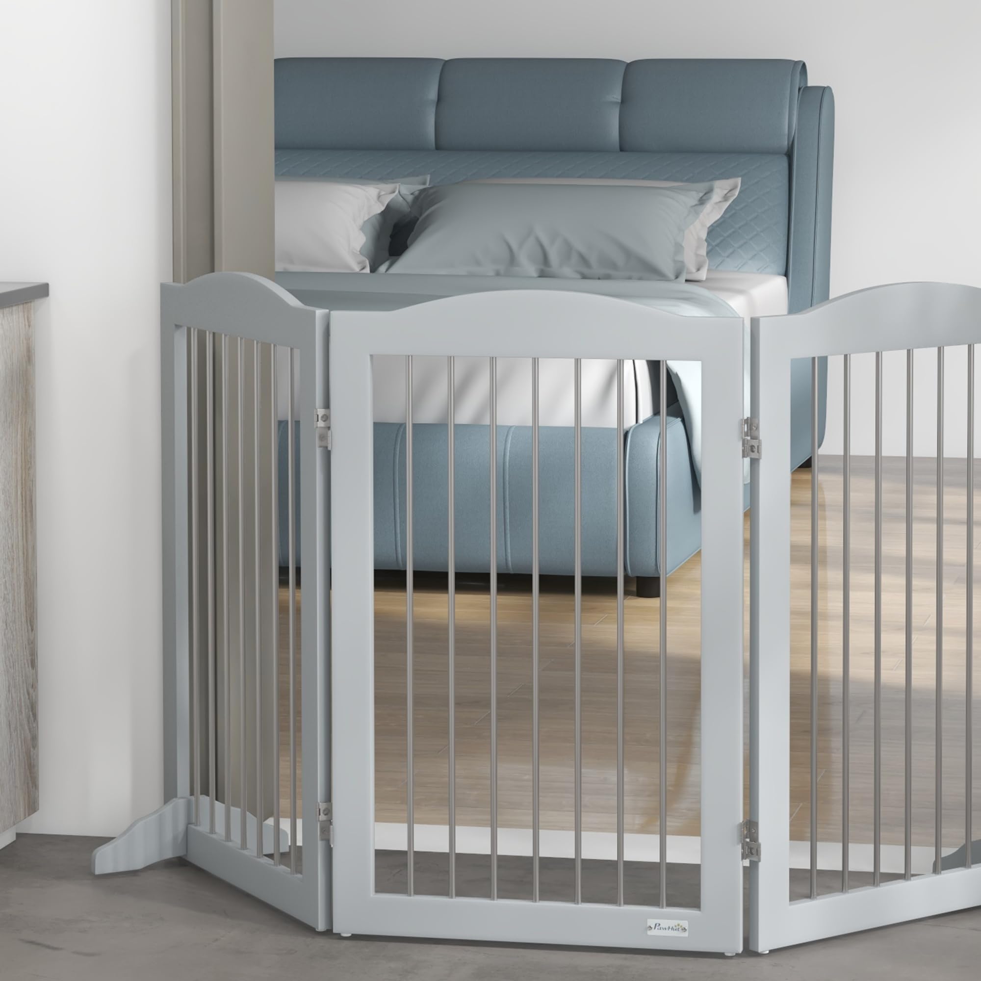 PawHut Barrera de Seguridad para Perros, Valla Plegable 154x30x80 cm Gris | para Escaleras y Puertas, Perros Pequeños y Medianos, 3 Paneles, con Soporte de Pie, para Interiores